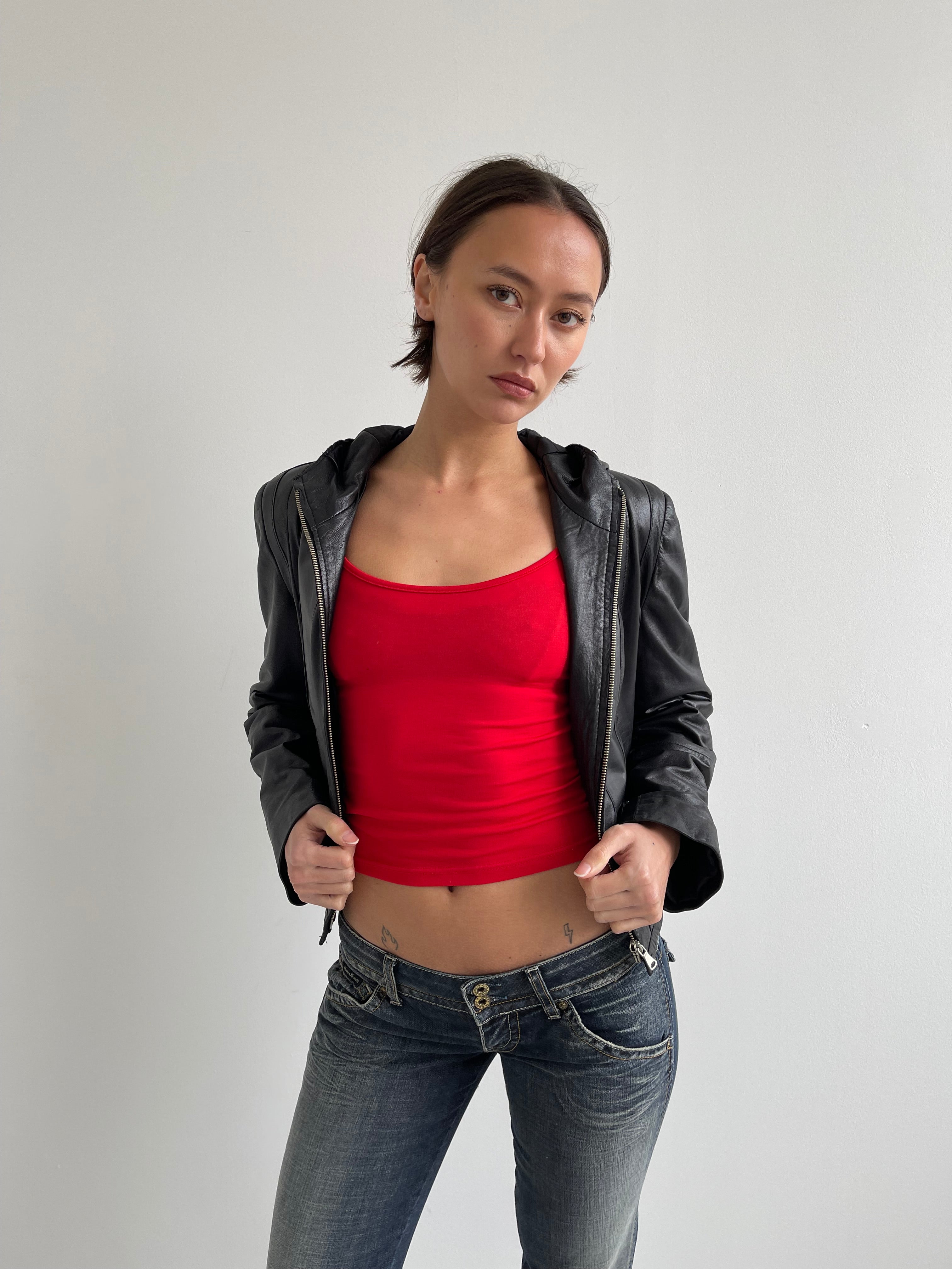 Vintage black leather jacket with hood
