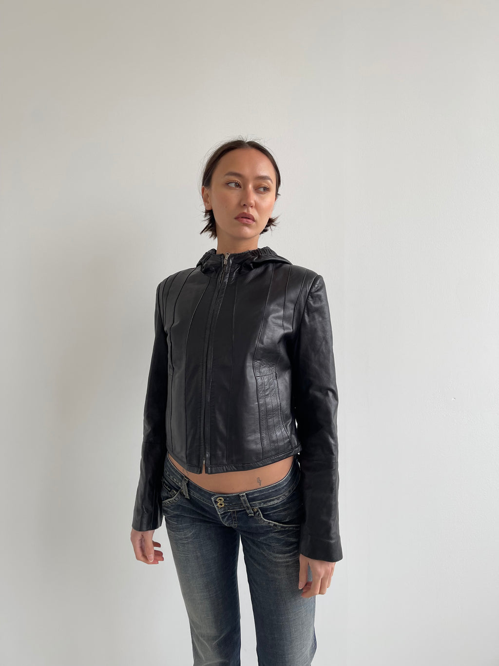 Vintage black leather jacket with hood