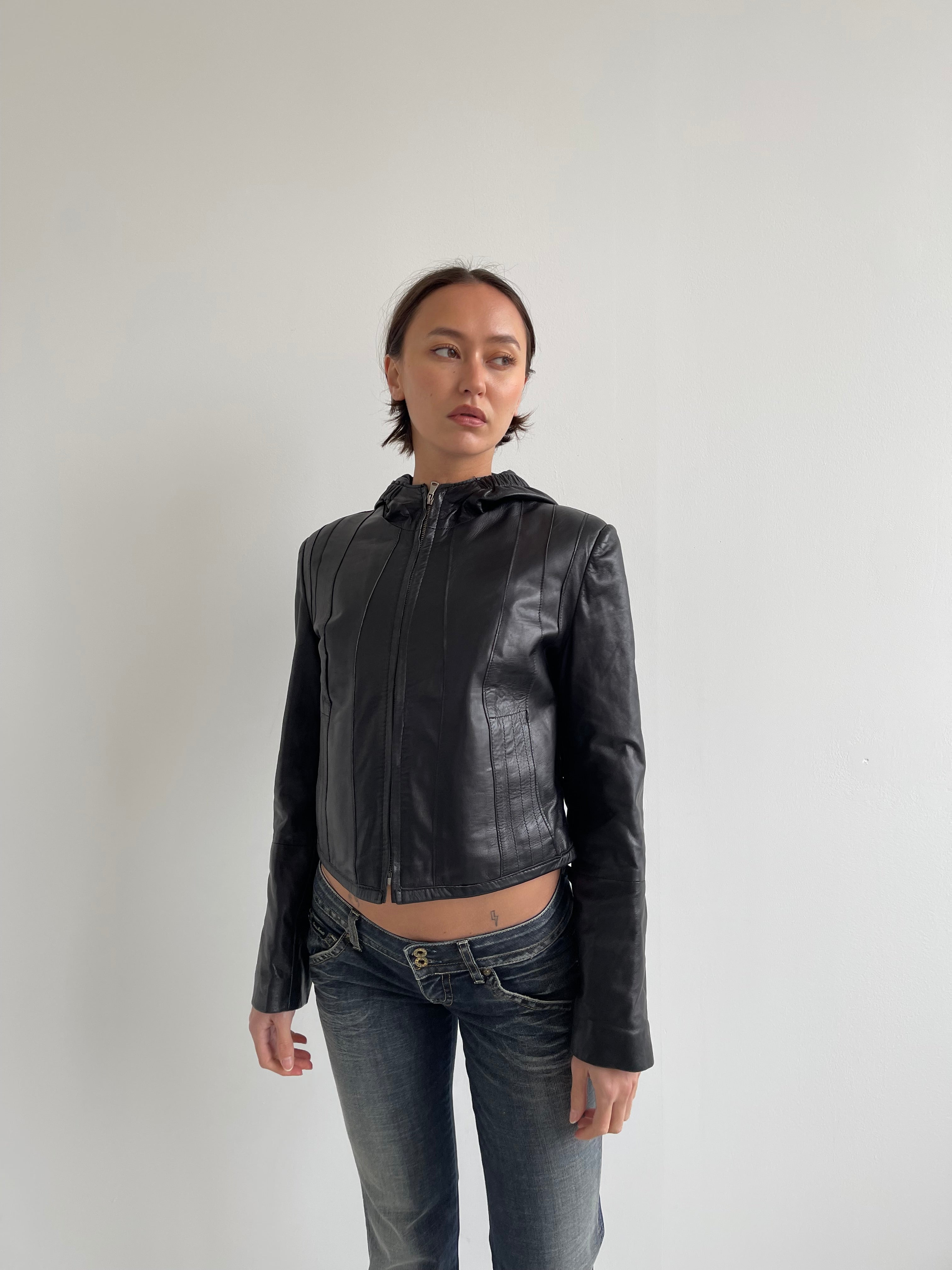 Vintage black leather jacket with hood