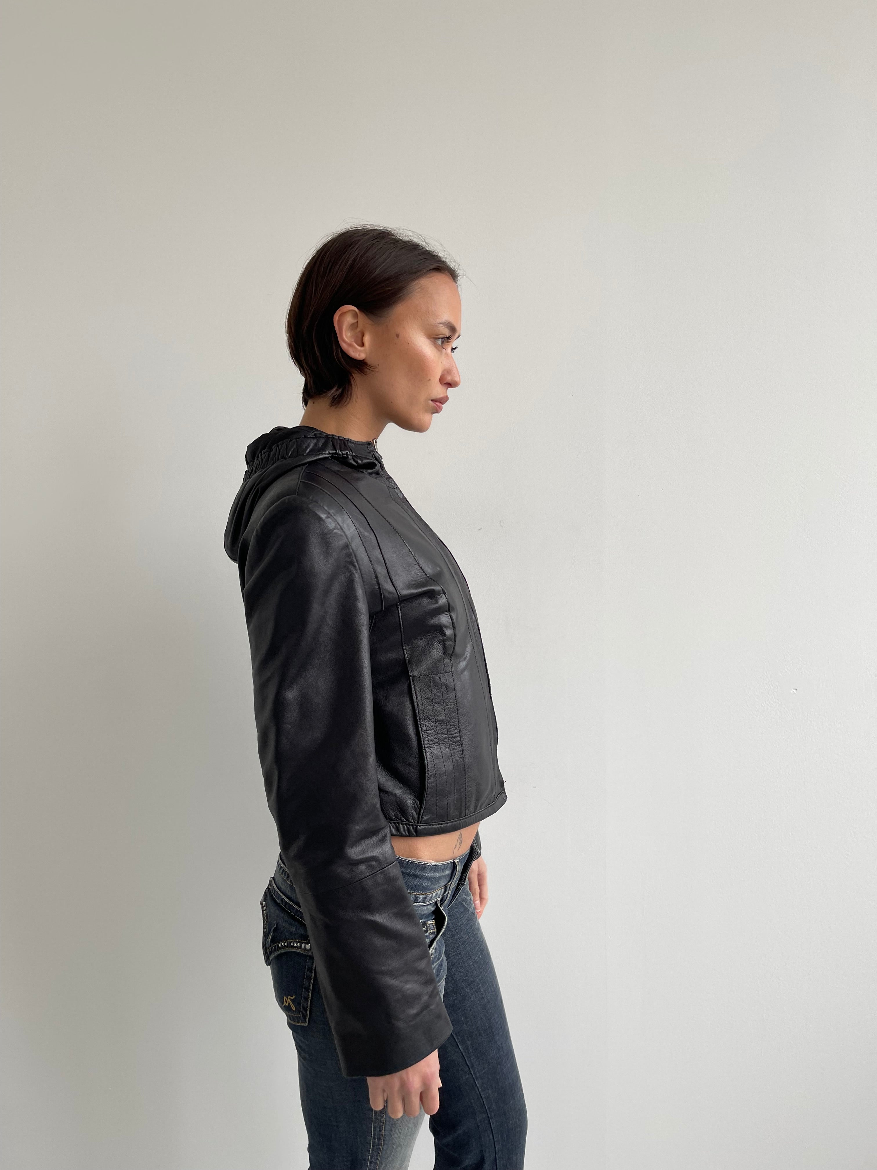 Vintage black leather jacket with hood