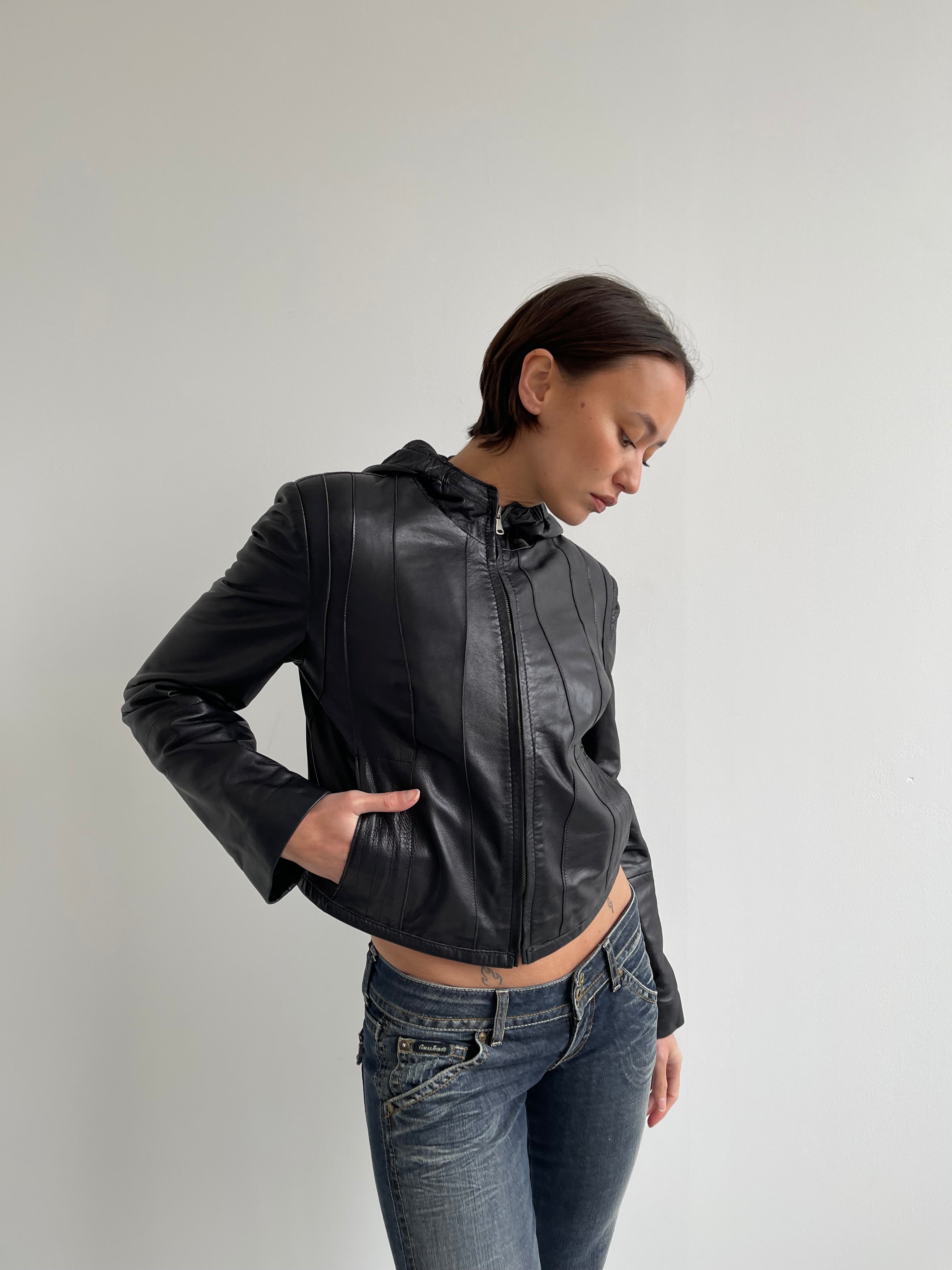 Vintage black leather jacket with hood