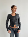 Fitted black leather jacket with panels and low cut neck