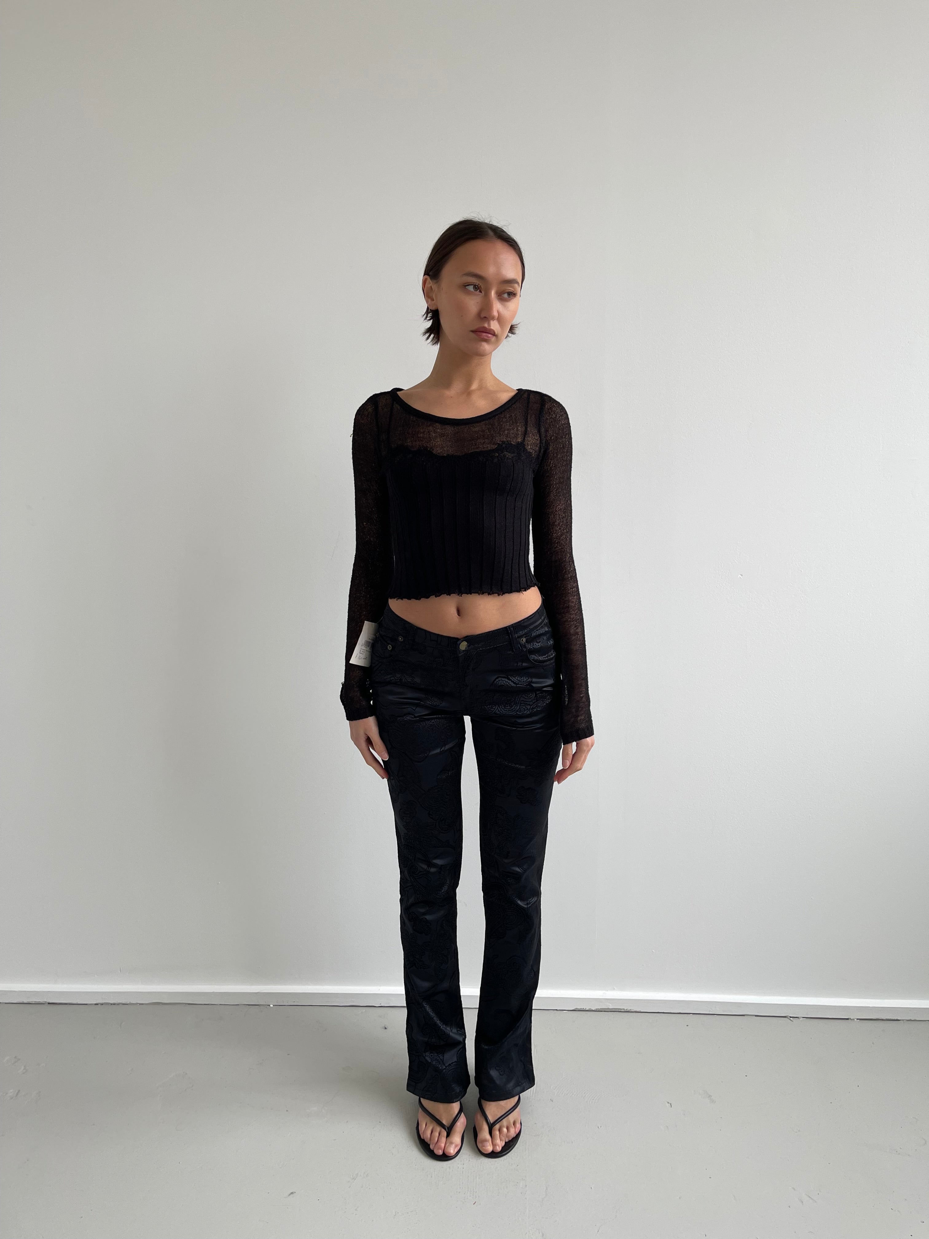 Black distressed fine knit top
