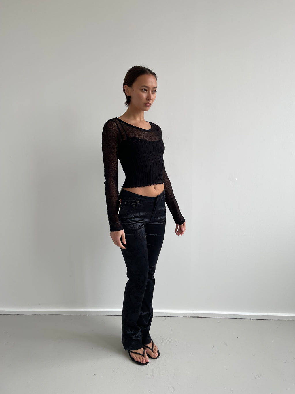 Black distressed fine knit top