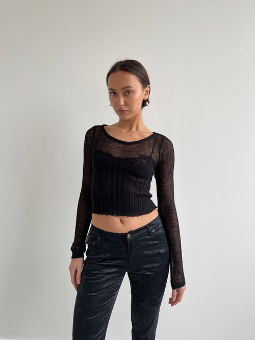 Black distressed fine knit top