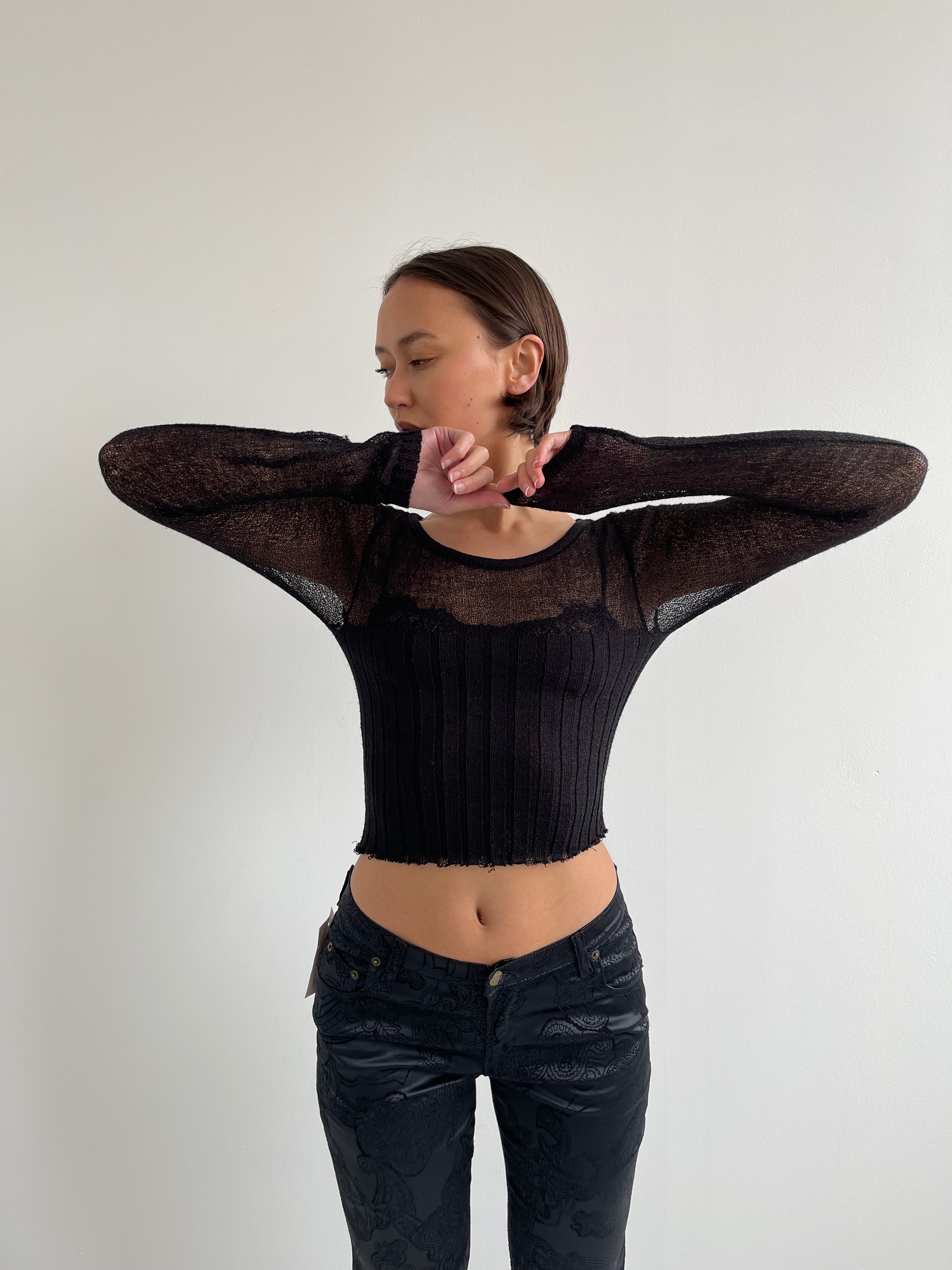 Black distressed fine knit top