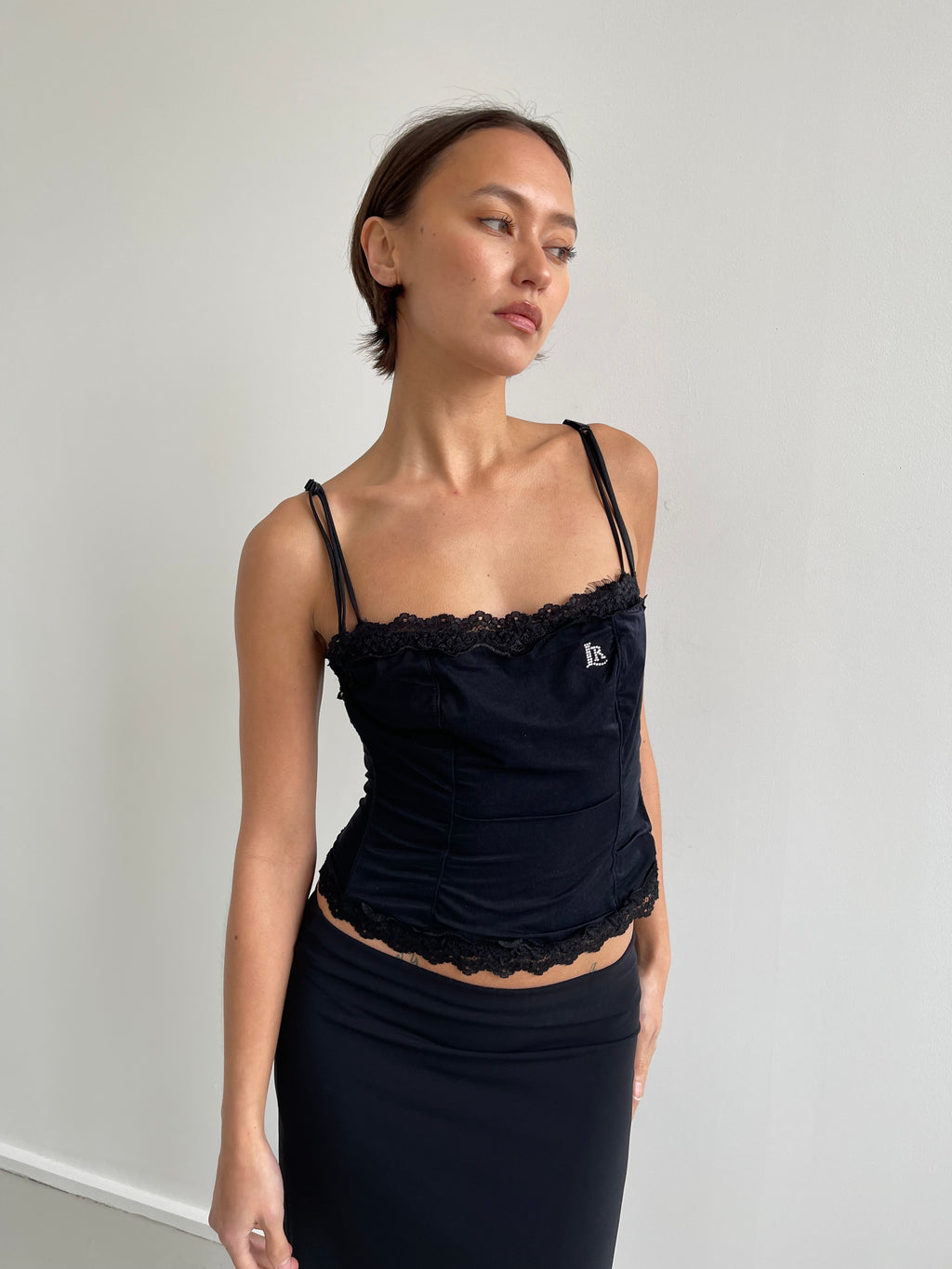 Black square neck bustier top with lace trims