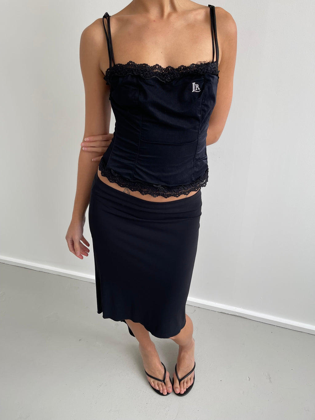 Black square neck bustier top with lace trims