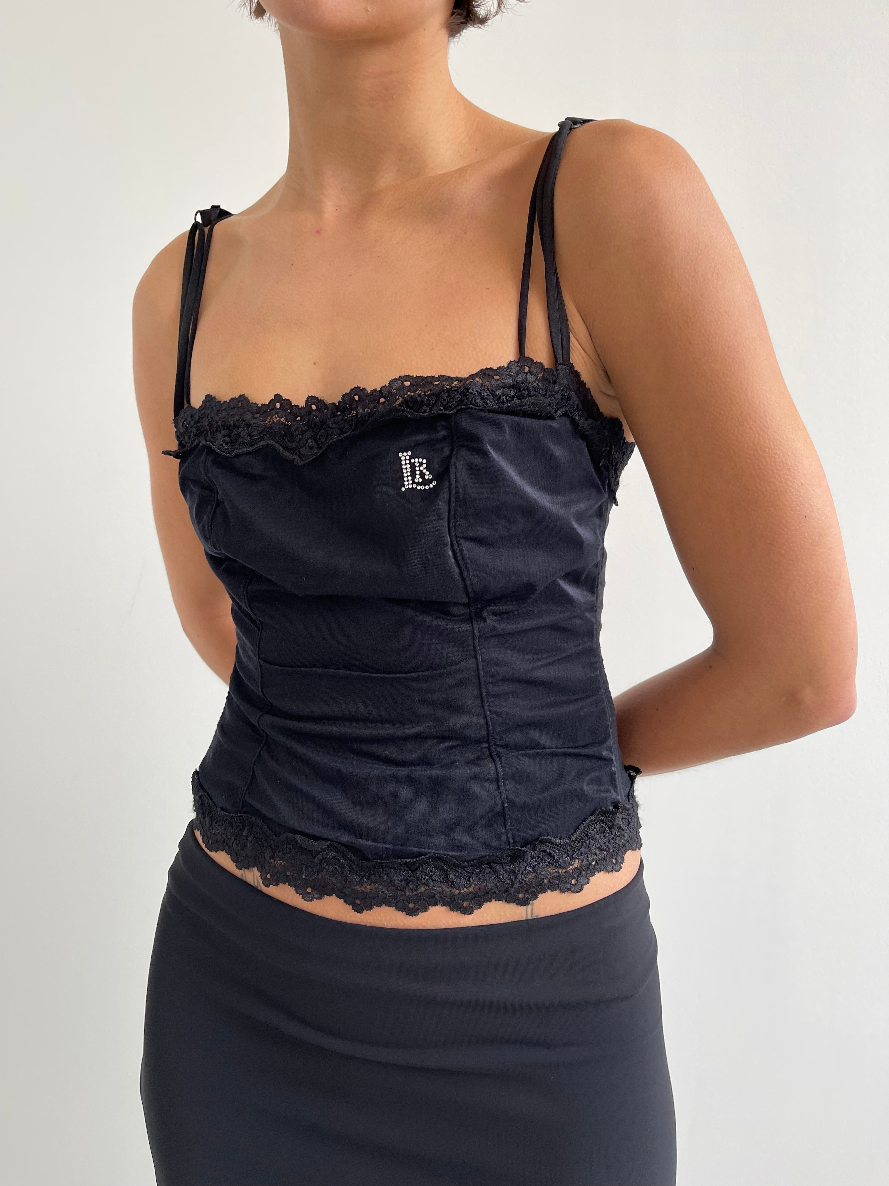 Black square neck bustier top with lace trims