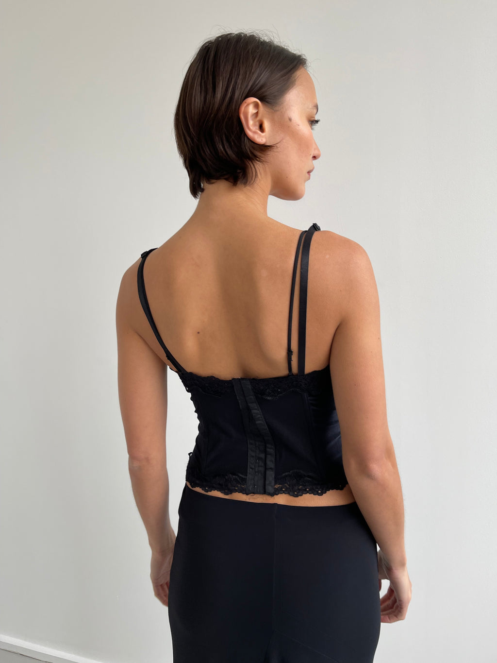 Black square neck bustier top with lace trims