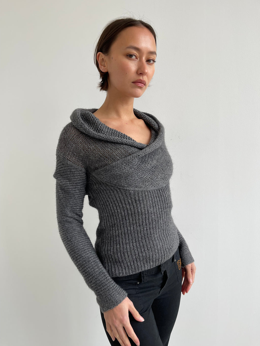 Armani Jeans grey knit jumper with hood/drape detail