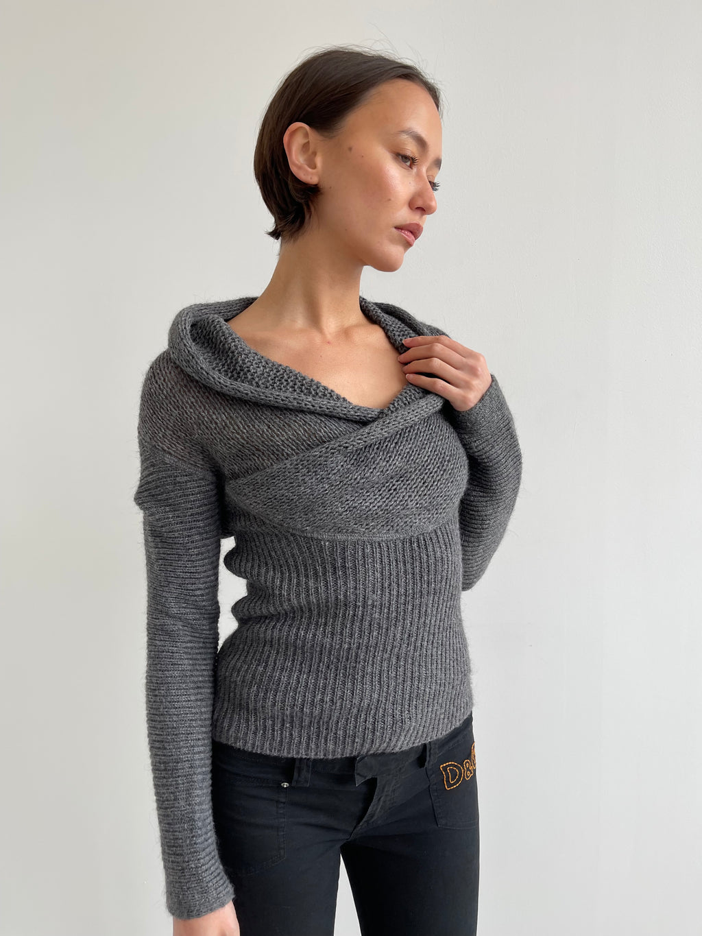 Armani Jeans grey knit jumper with hood/drape detail