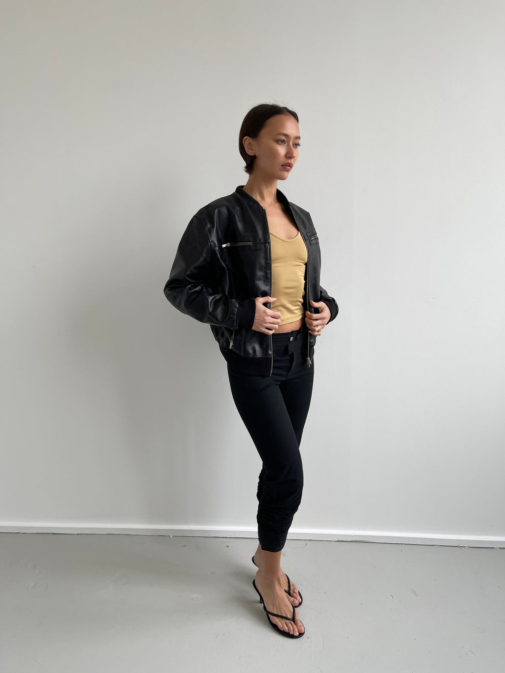 Black leather bomber jacket