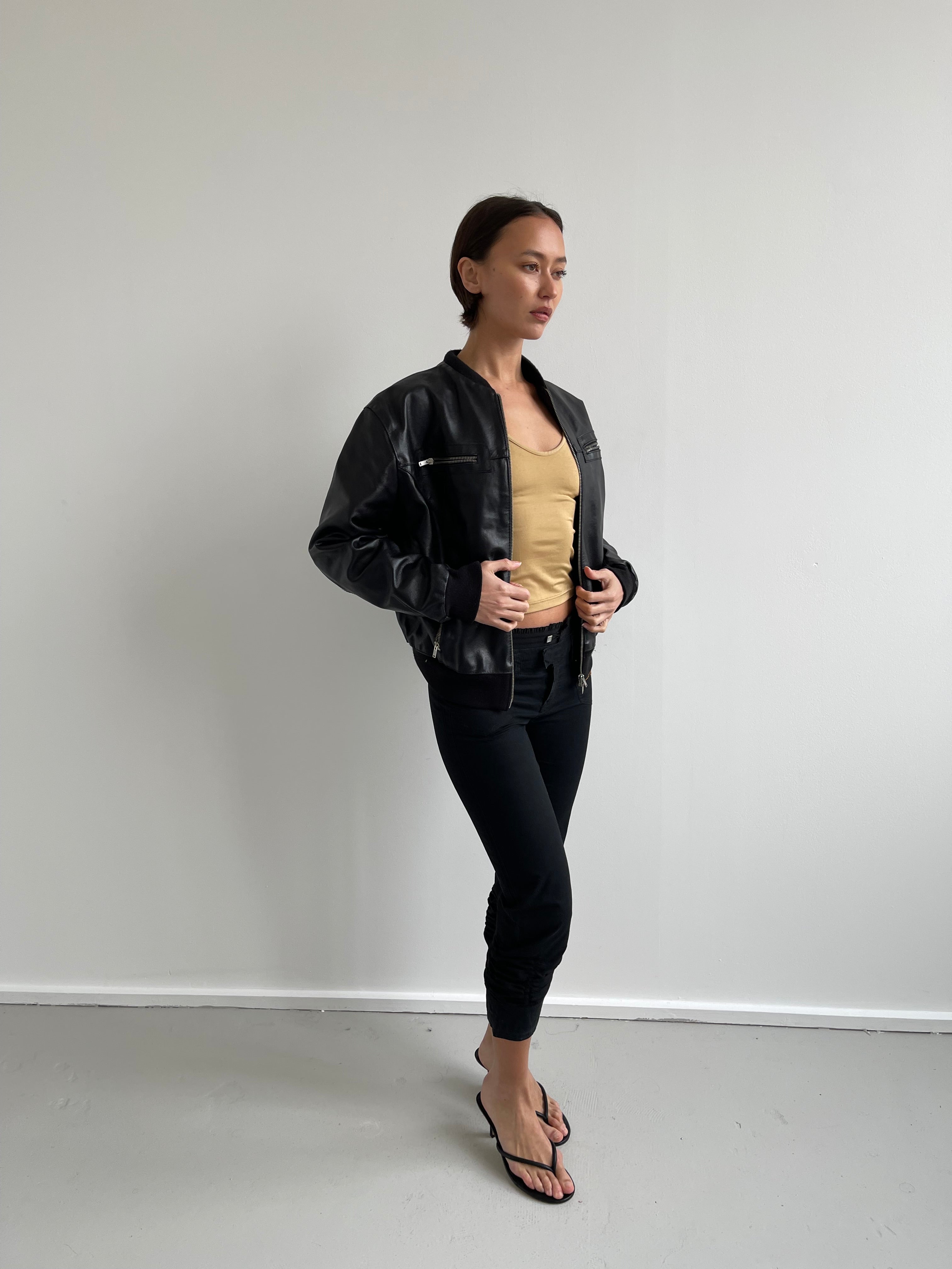 Black leather bomber jacket