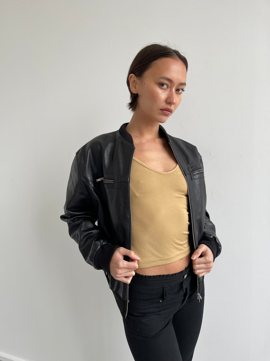 Black leather bomber jacket