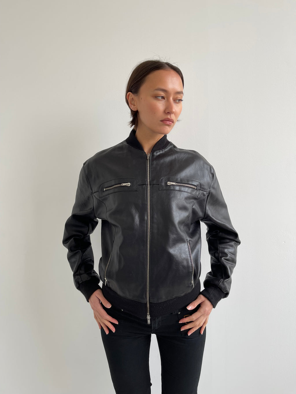 Black leather bomber jacket