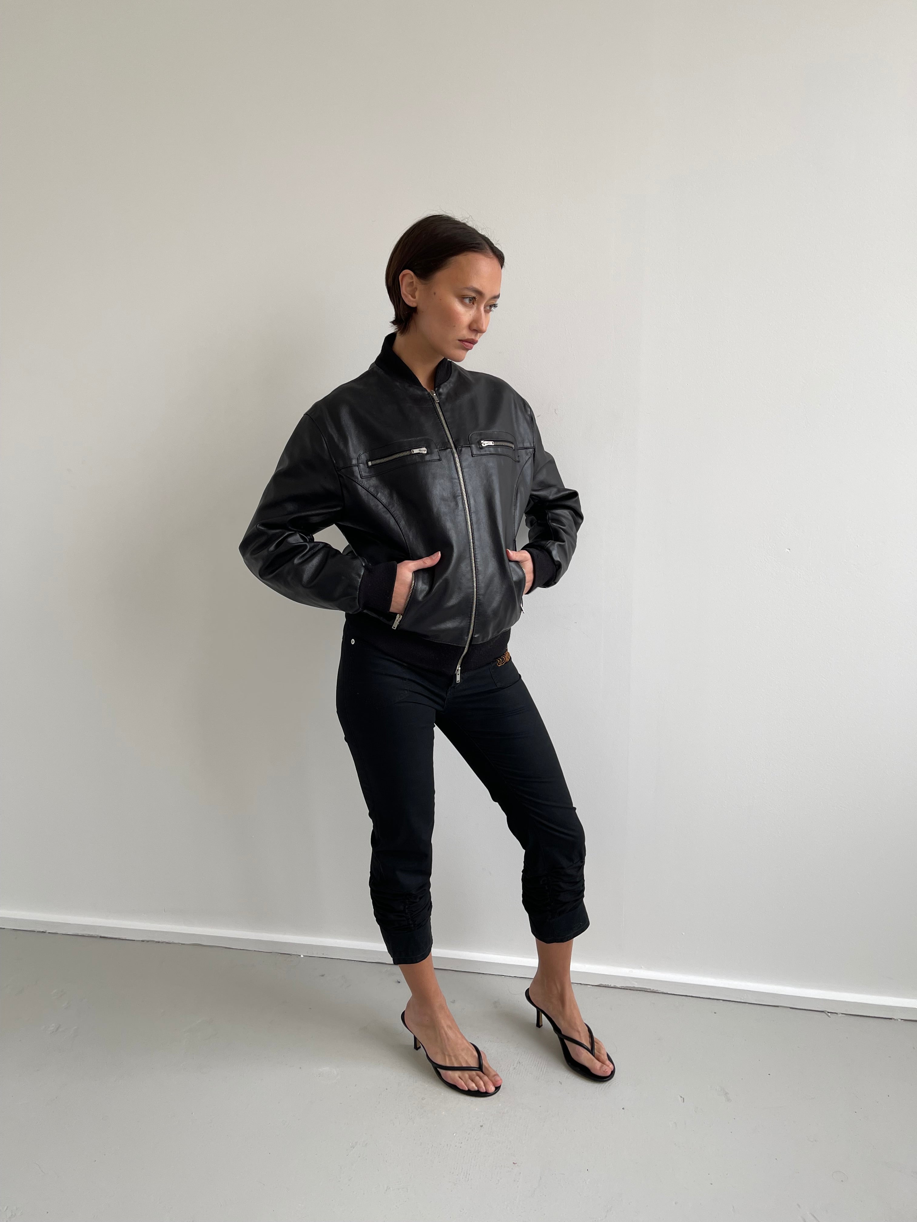 Black leather bomber jacket