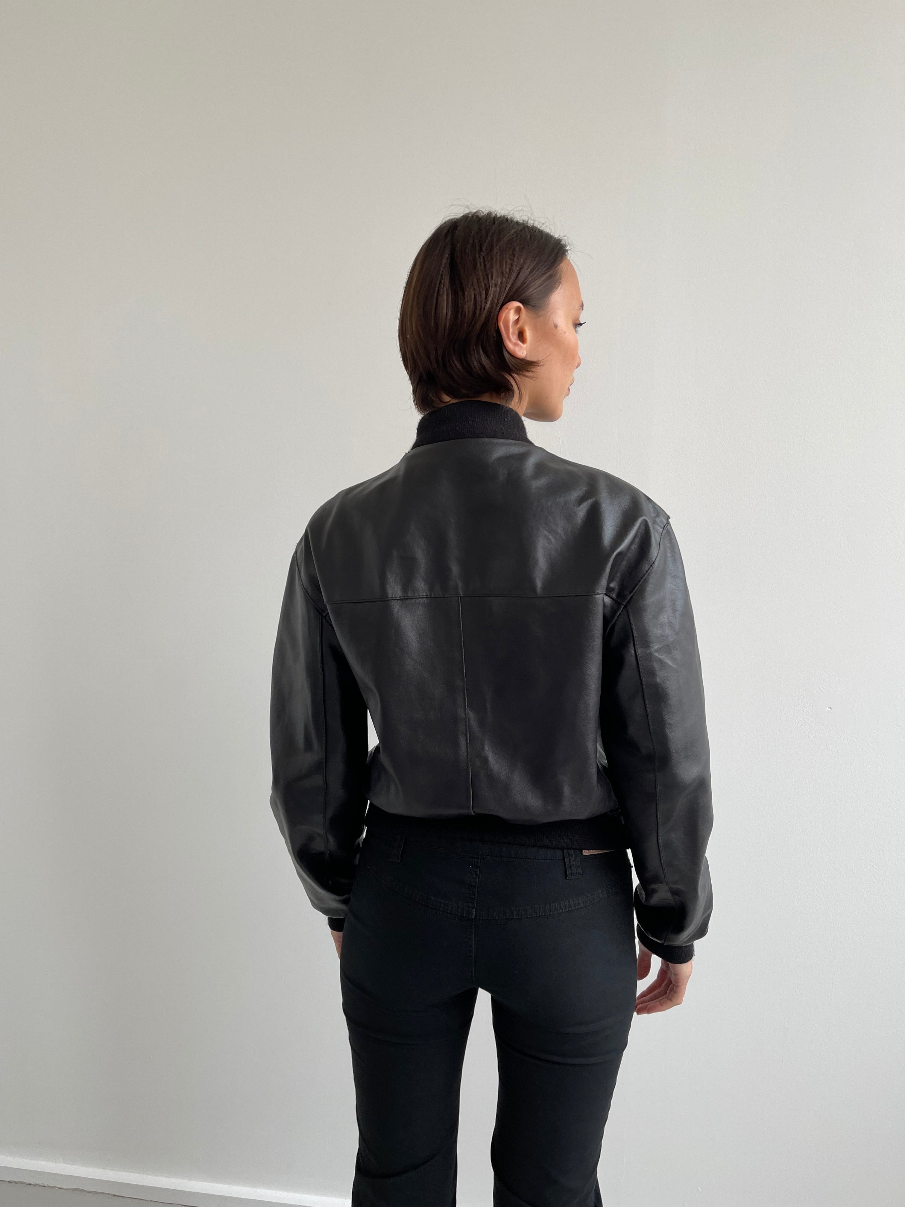 Black leather bomber jacket