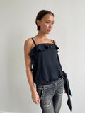 Black silk flowy blouse with ruffles and side tie