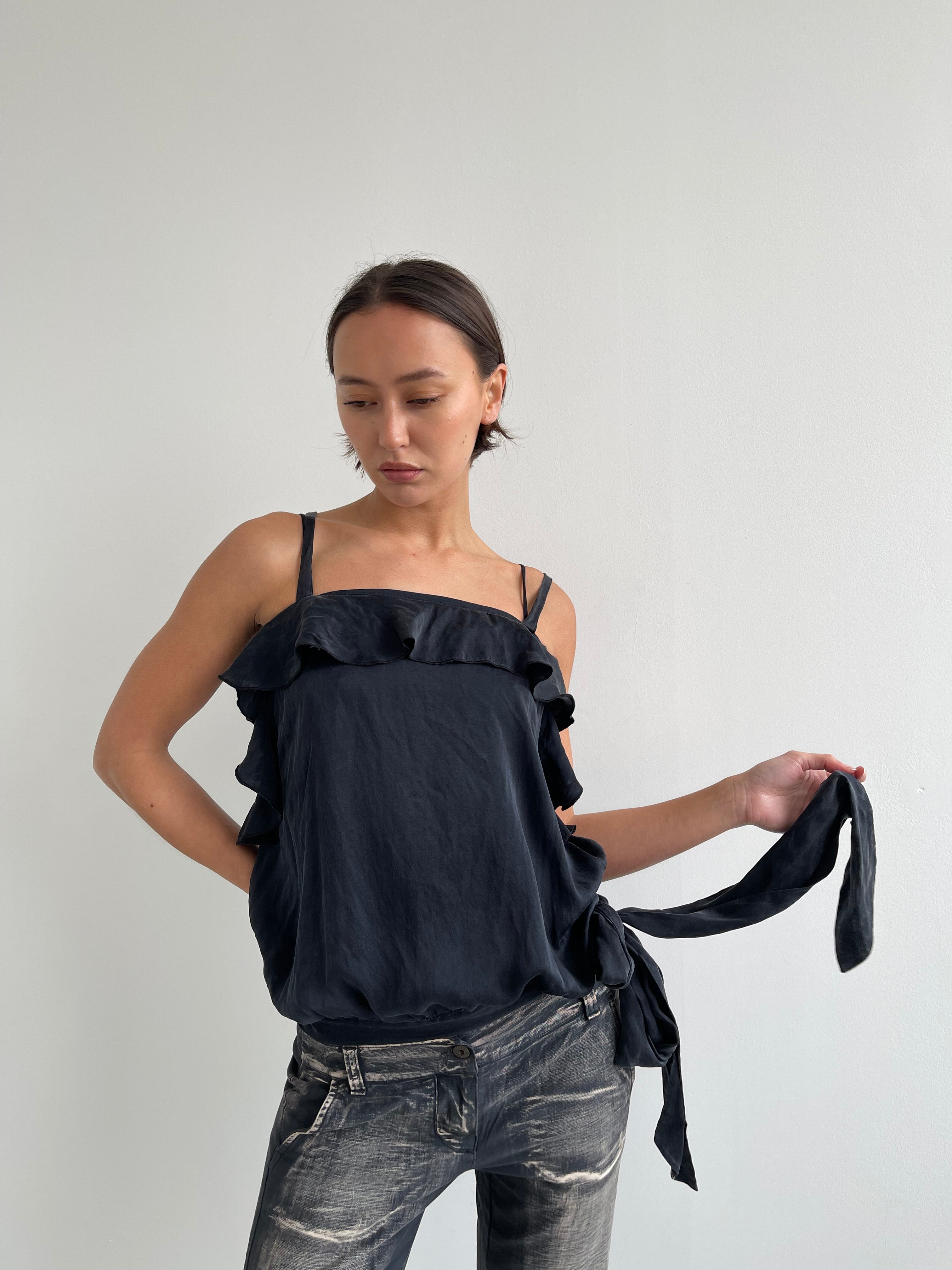 Black silk flowy blouse with ruffles and side tie