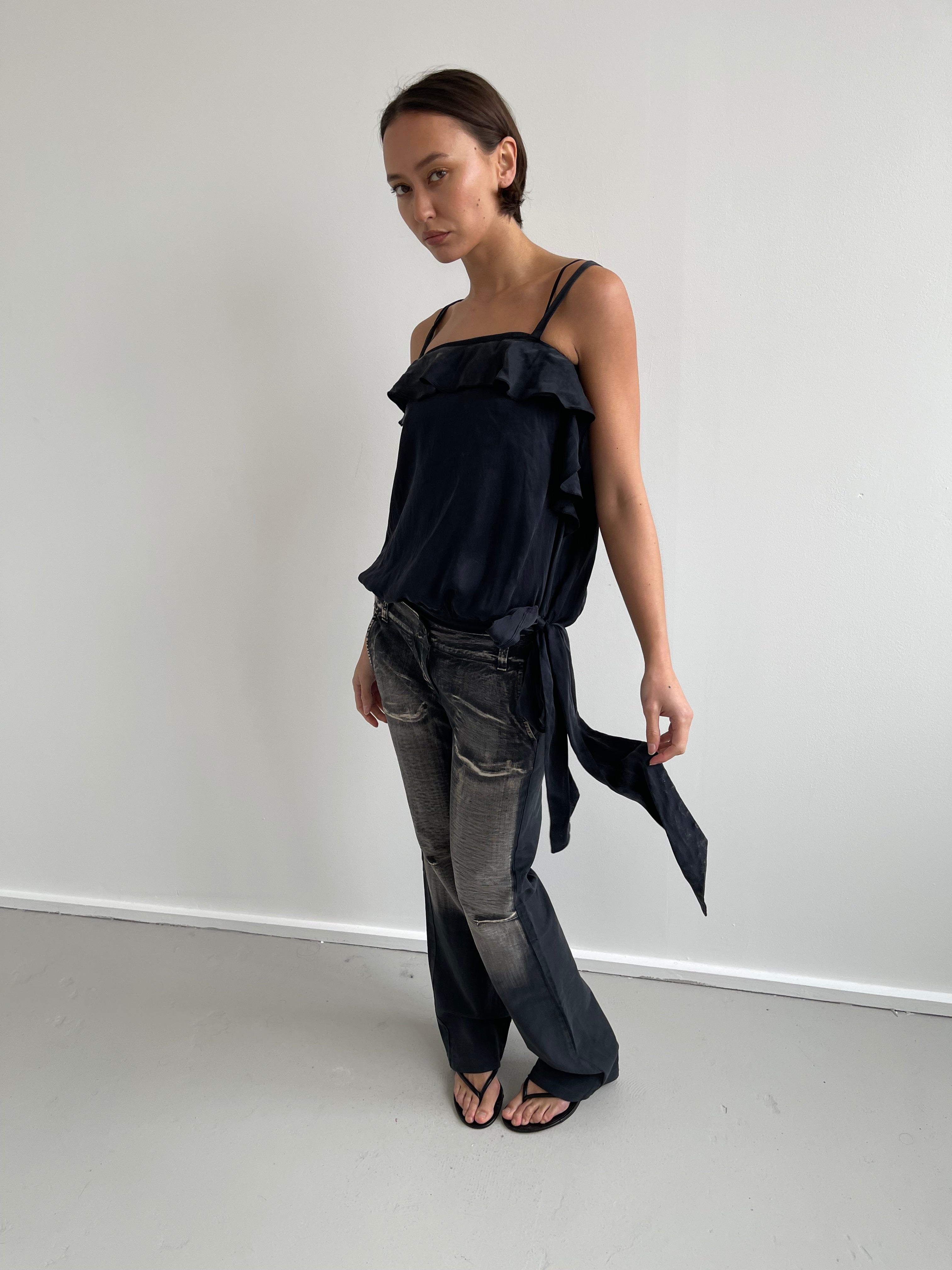 Black silk flowy blouse with ruffles and side tie
