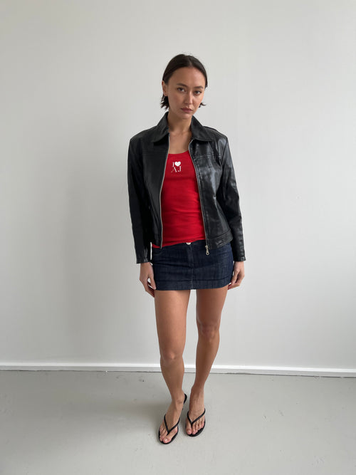 Black leather jacket with labelled detail