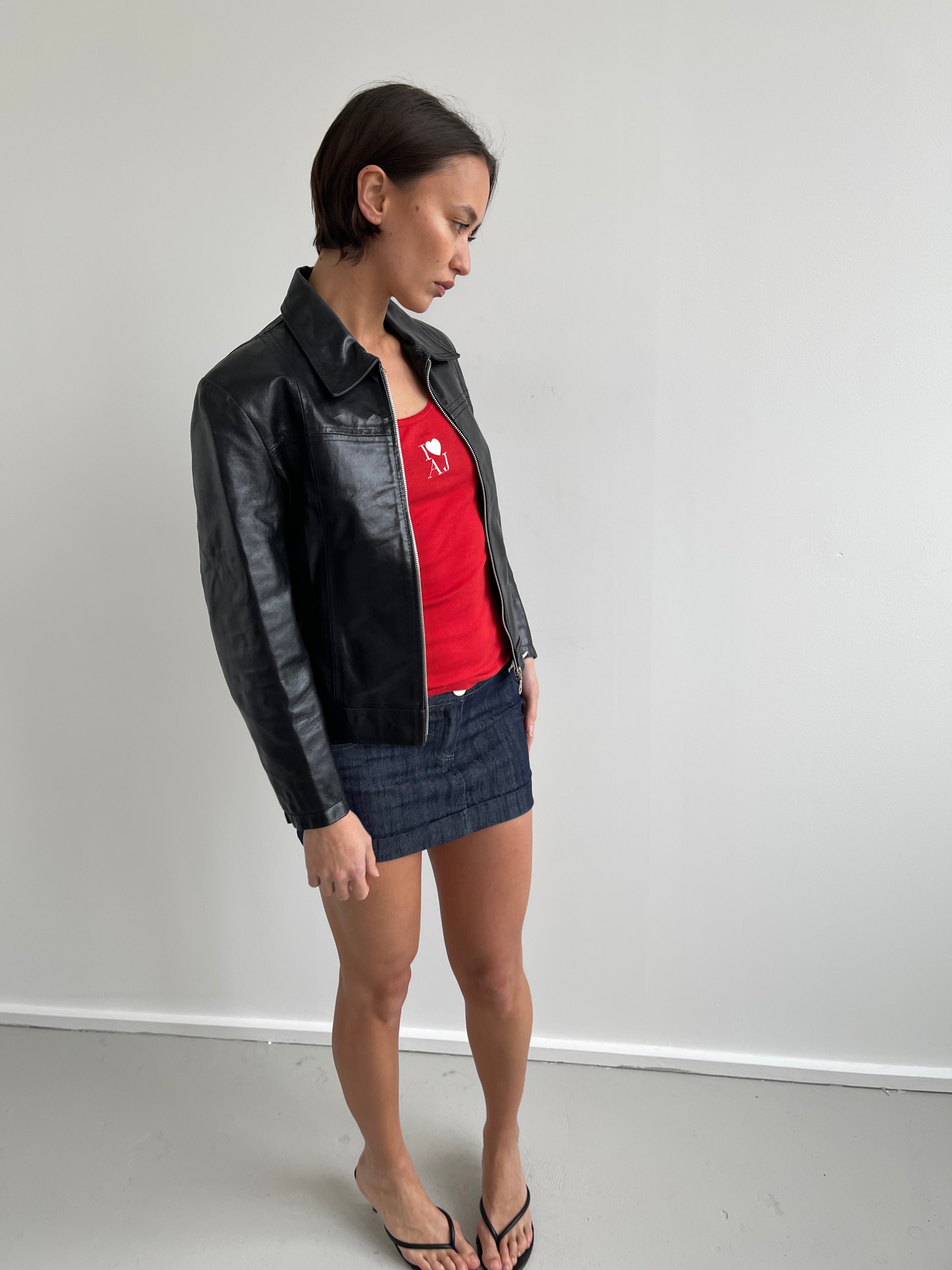 Black leather jacket with labelled detail