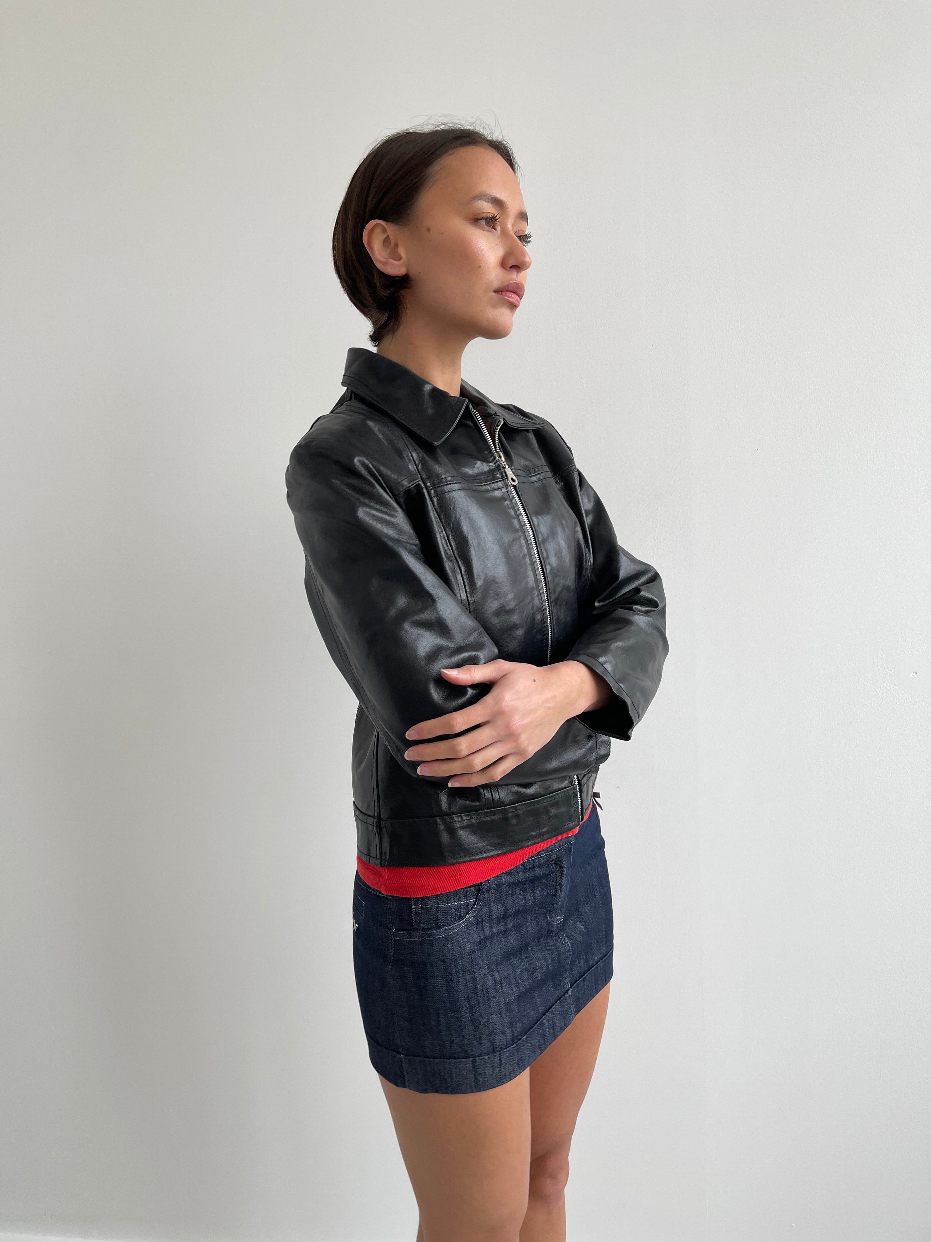 Black leather jacket with labelled detail