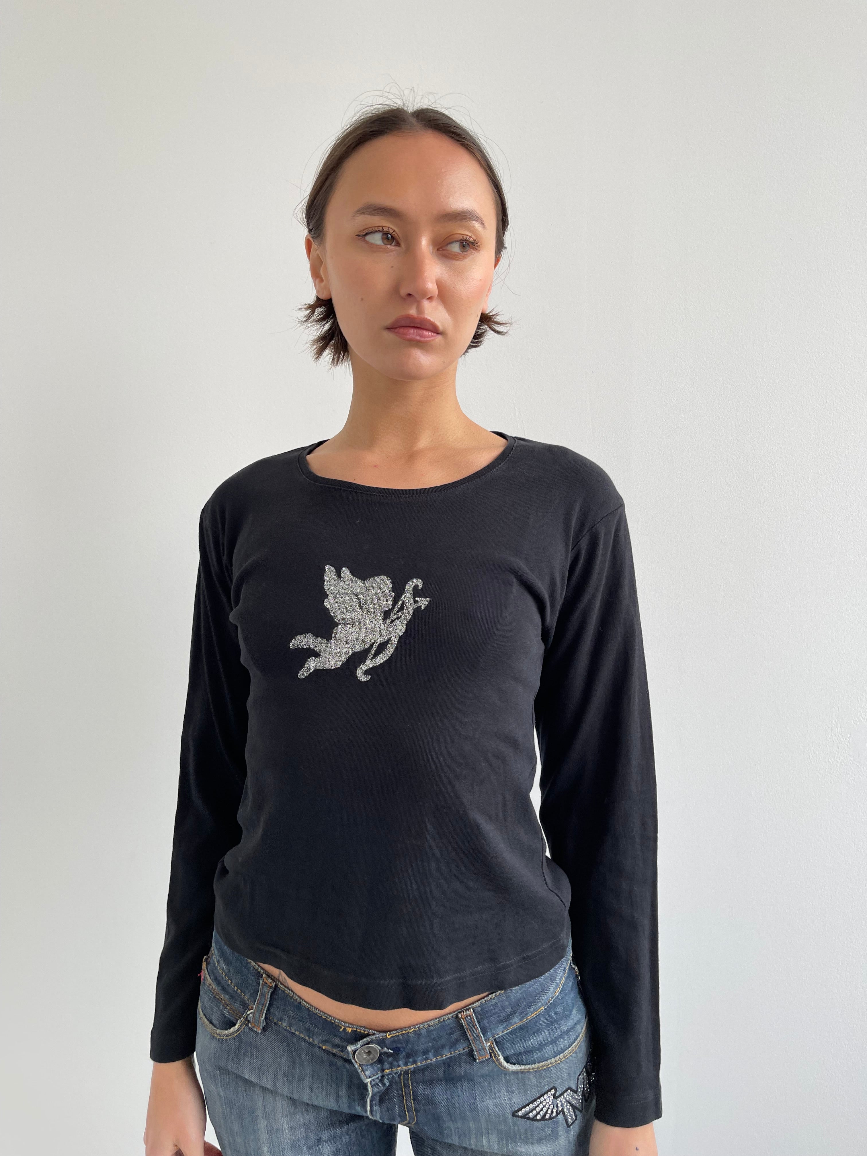 Black long sleeved top with silver cherub