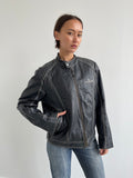 Vintage black leather biker jacket with cream top stitching