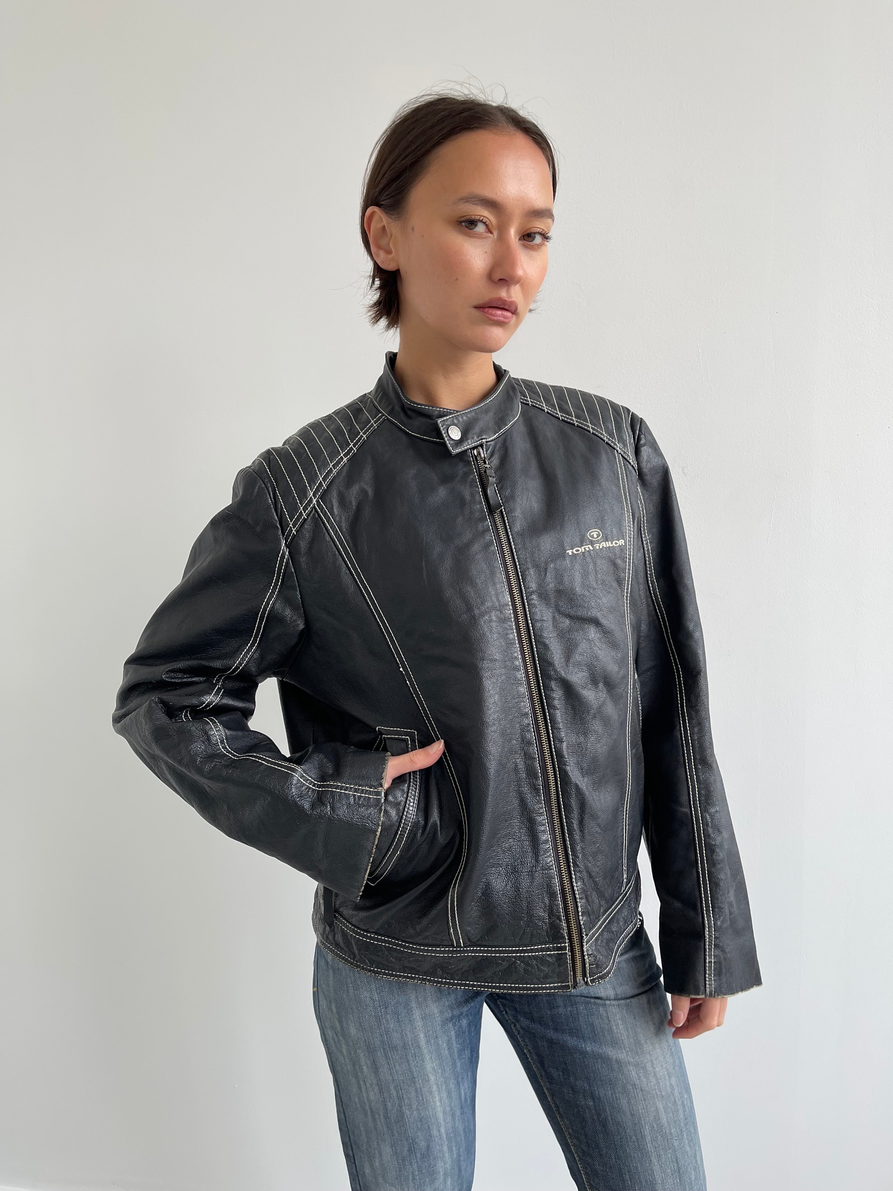 Vintage black leather biker jacket with cream top stitching
