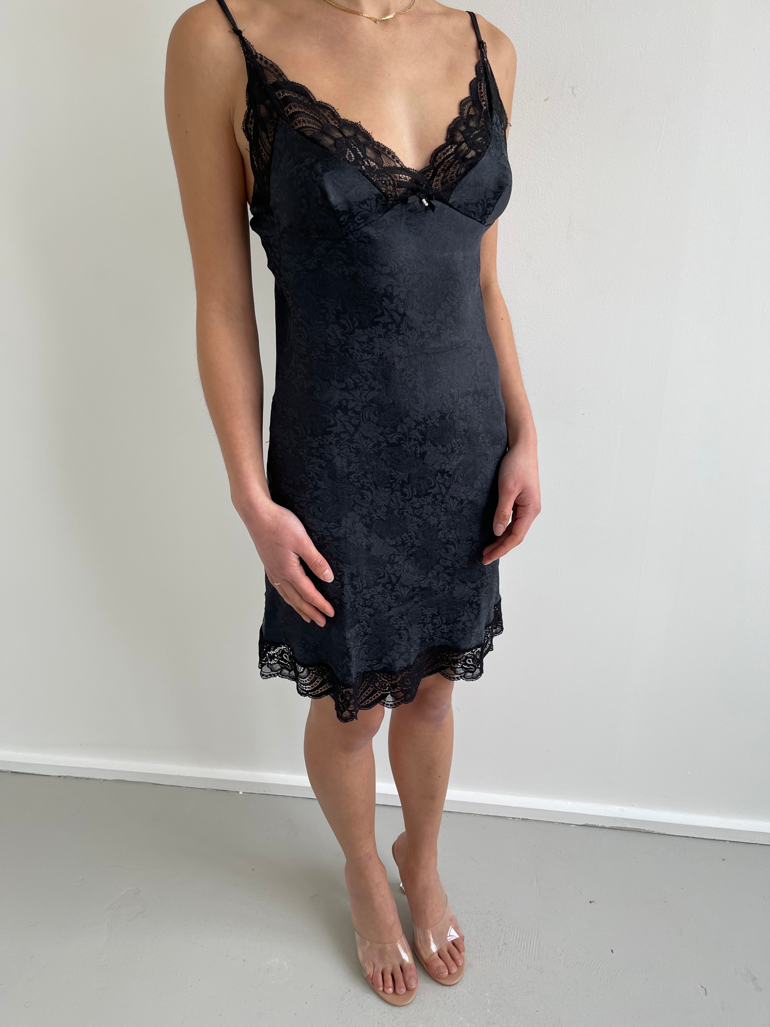 Navy and black slip dress with paisley design and lace trim