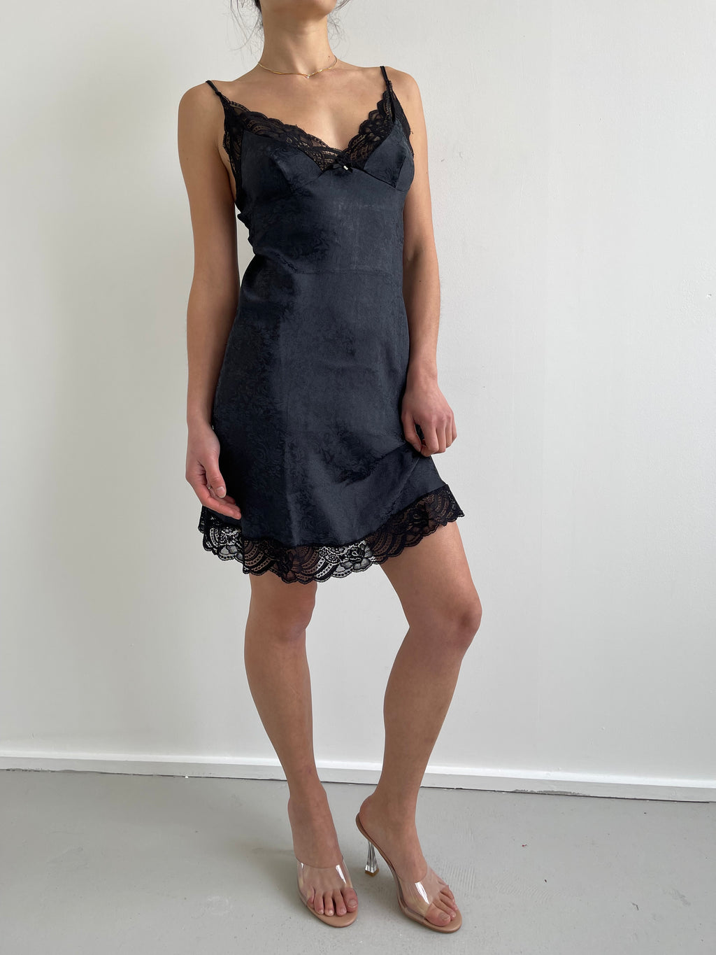 Navy and black slip dress with paisley design and lace trim