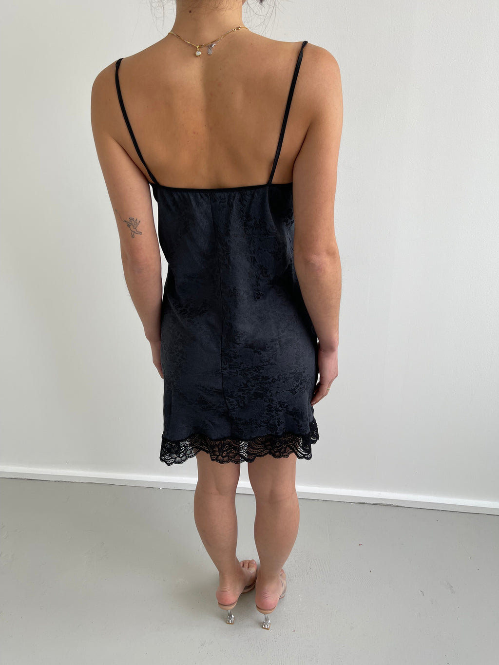 Navy and black slip dress with paisley design and lace trim
