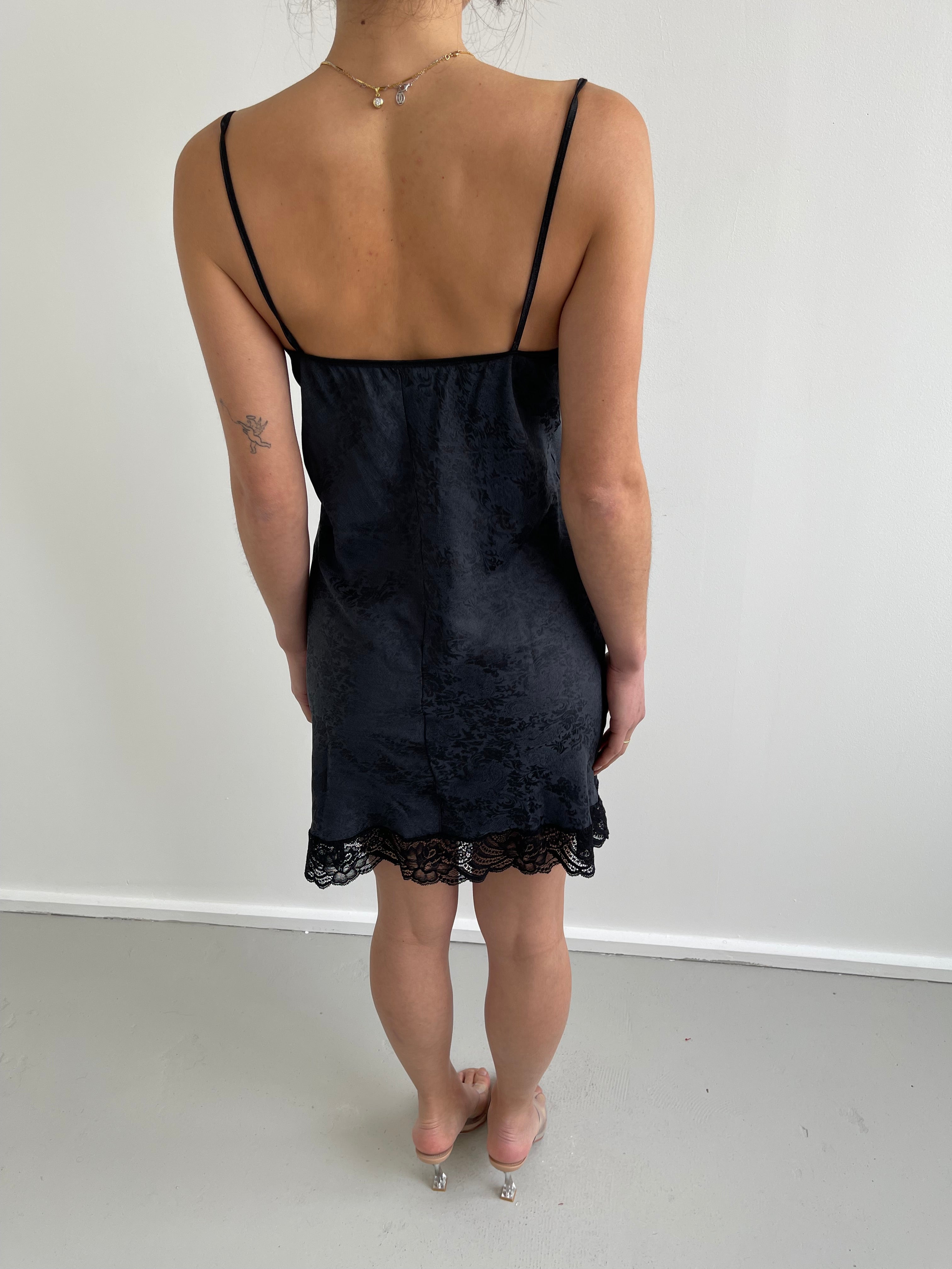 Navy and black slip dress with paisley design and lace trim