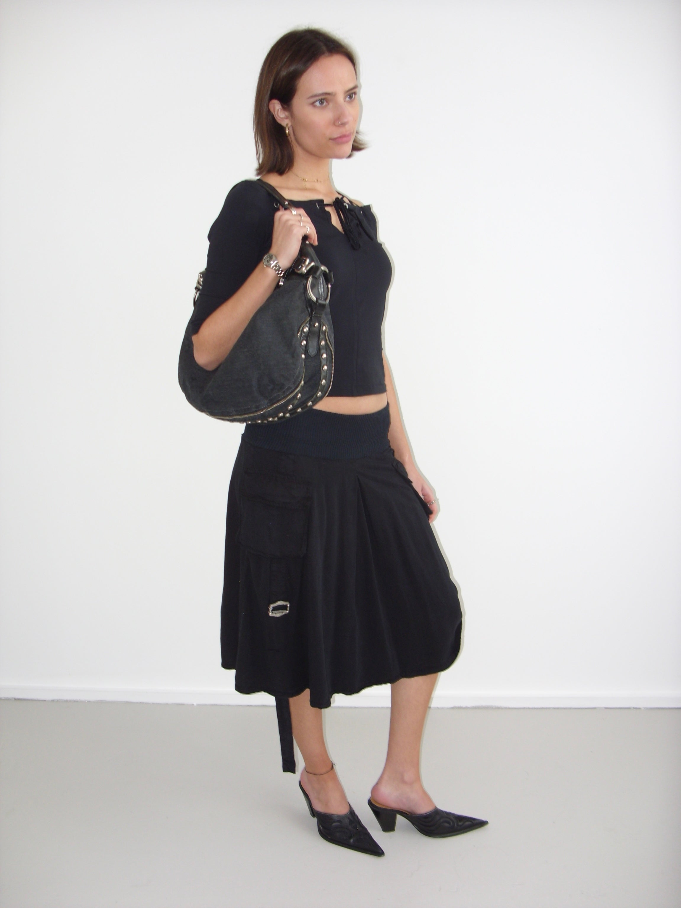 Black cargo midi skirt