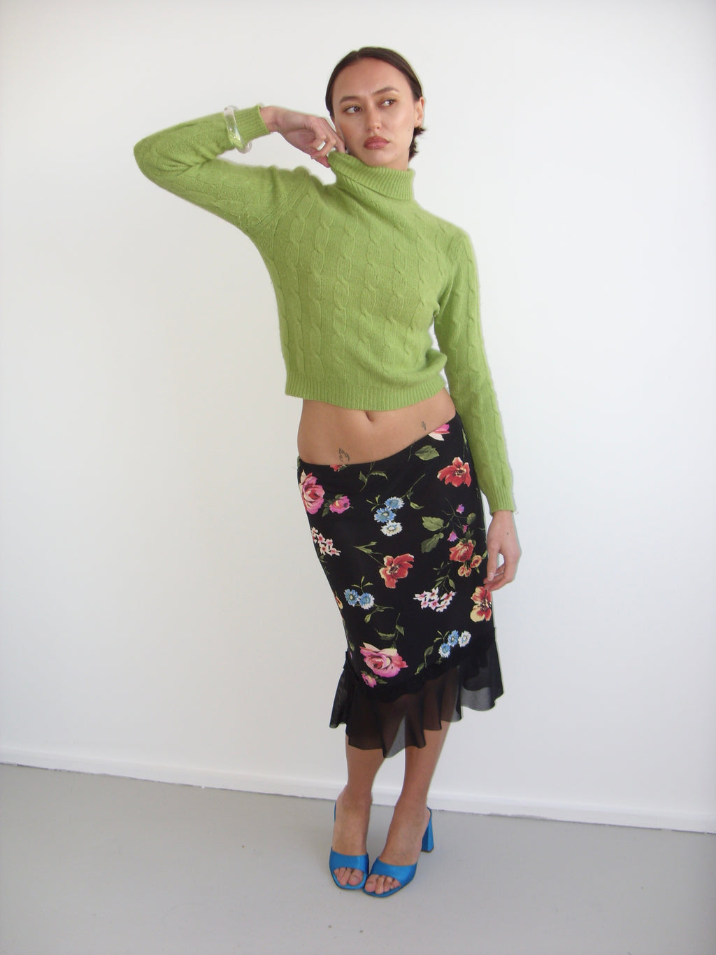 90s green cable knit jumper with roll neck