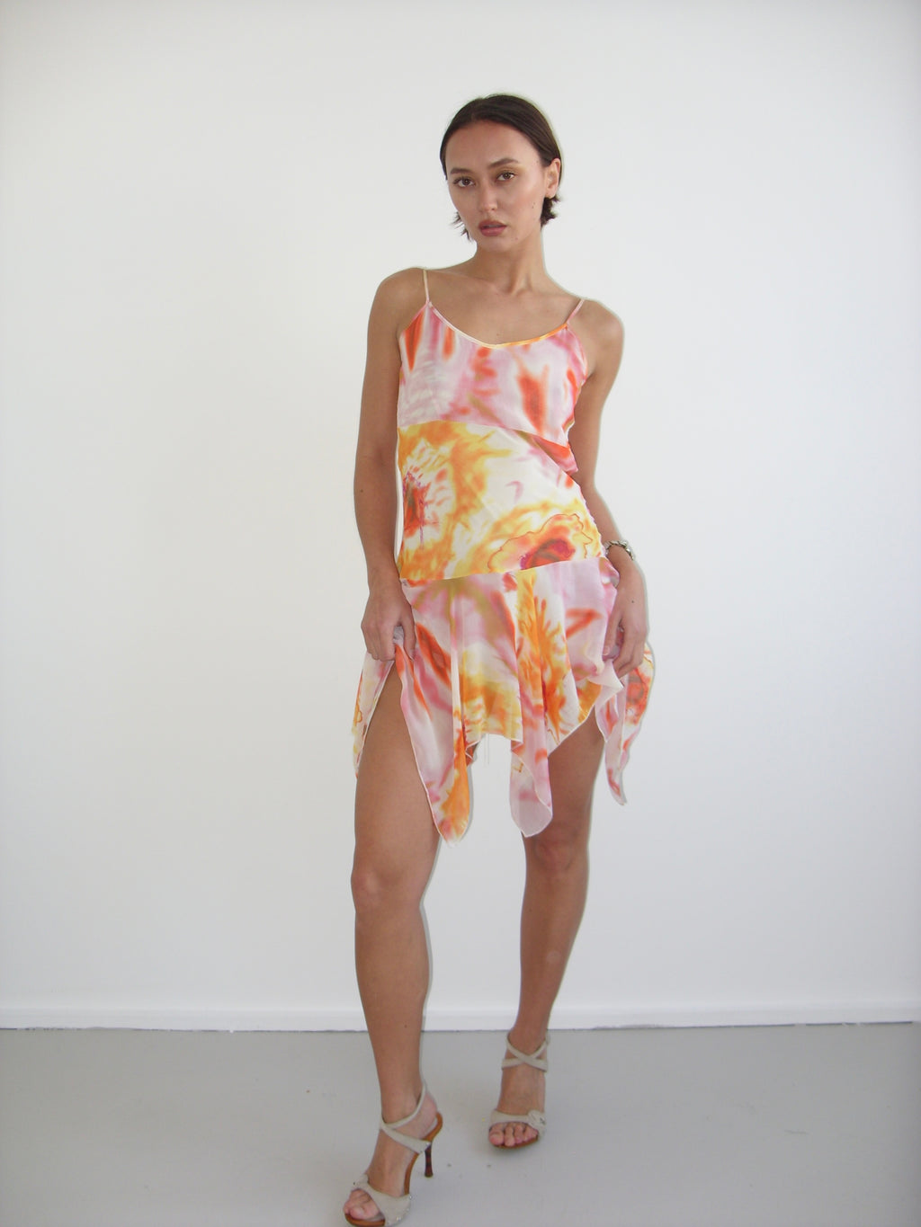 Pink and orange abstract floral floaty dress