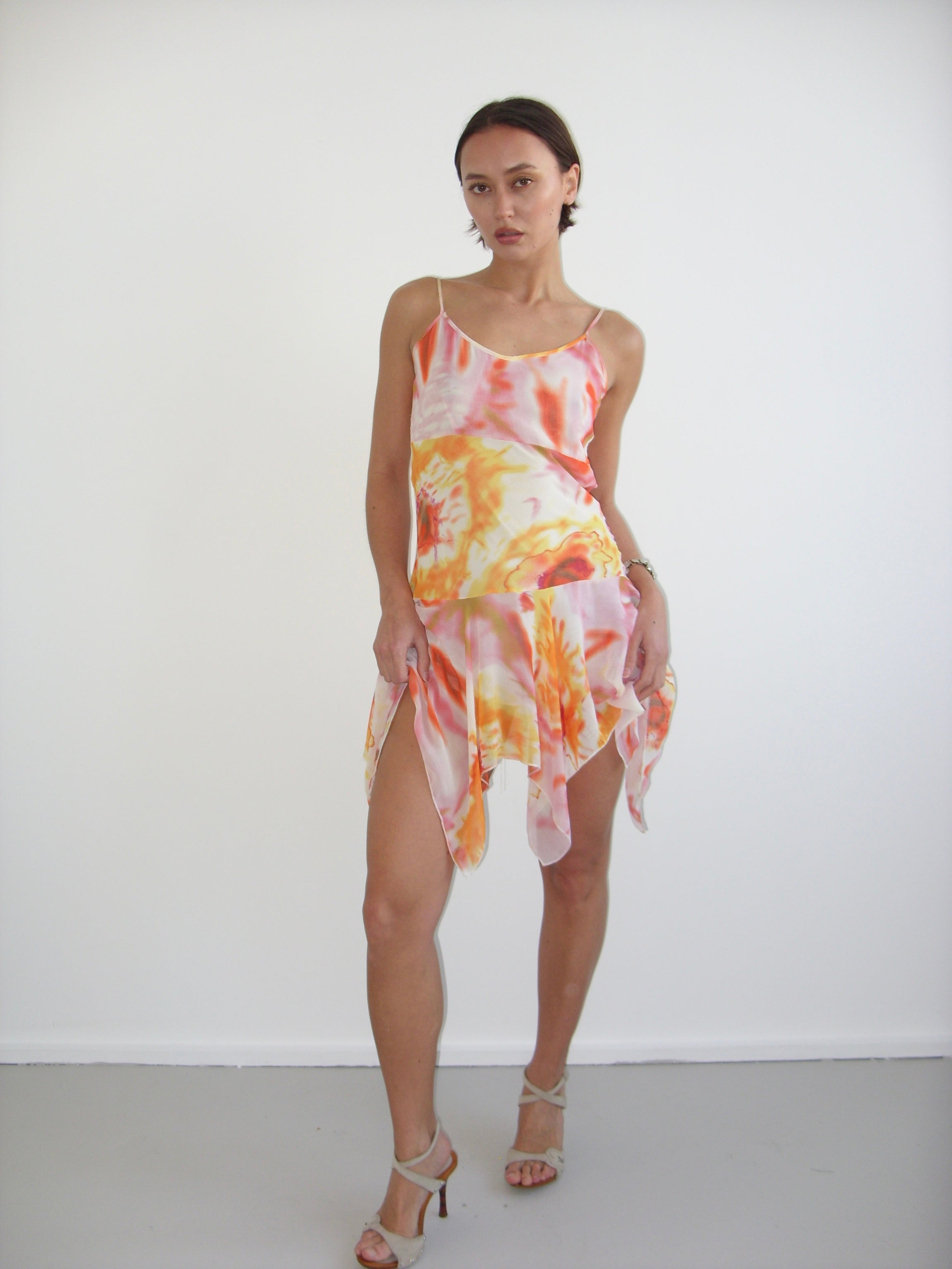 Pink and orange abstract floral floaty dress