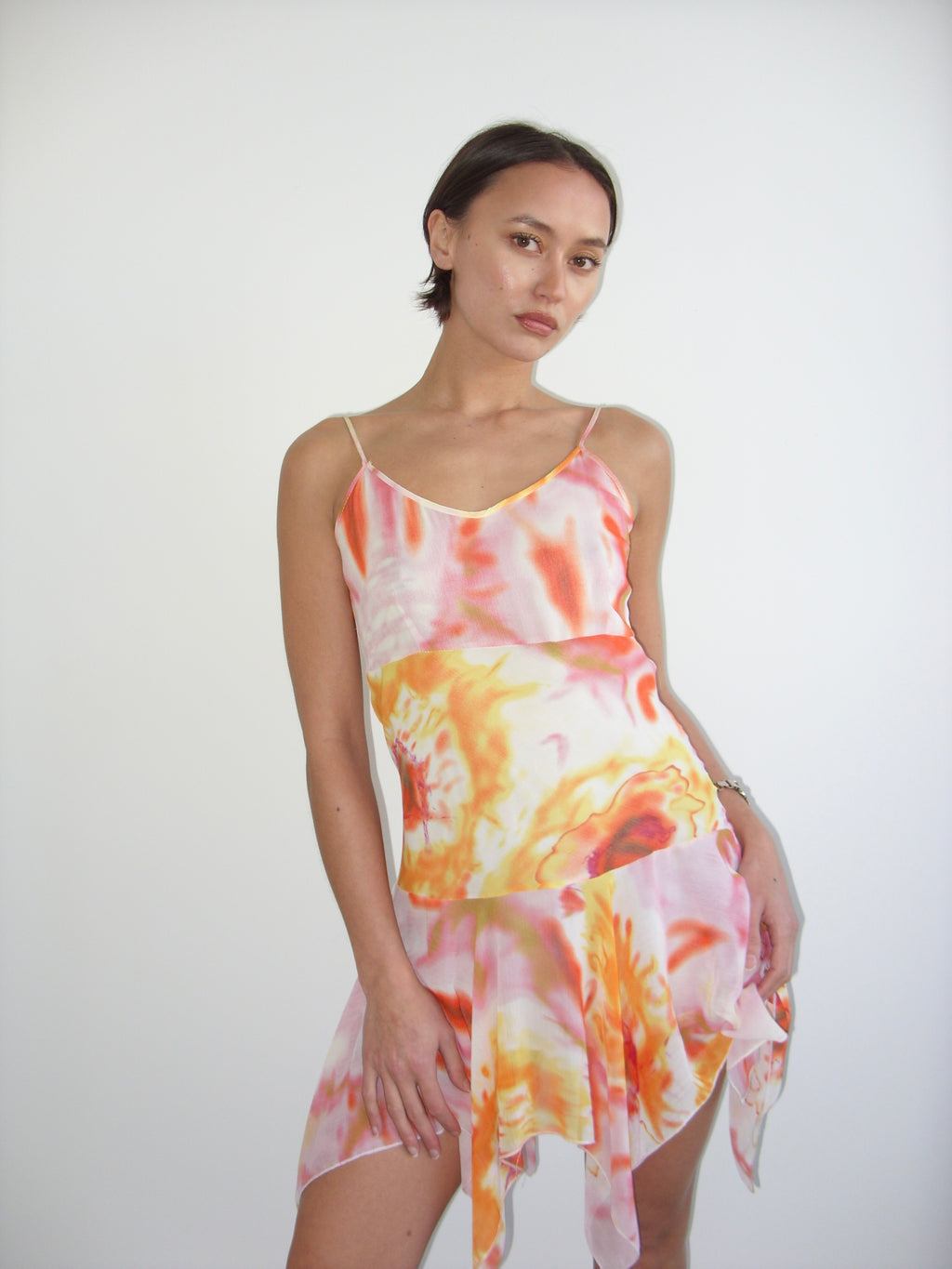 Pink and orange abstract floral floaty dress