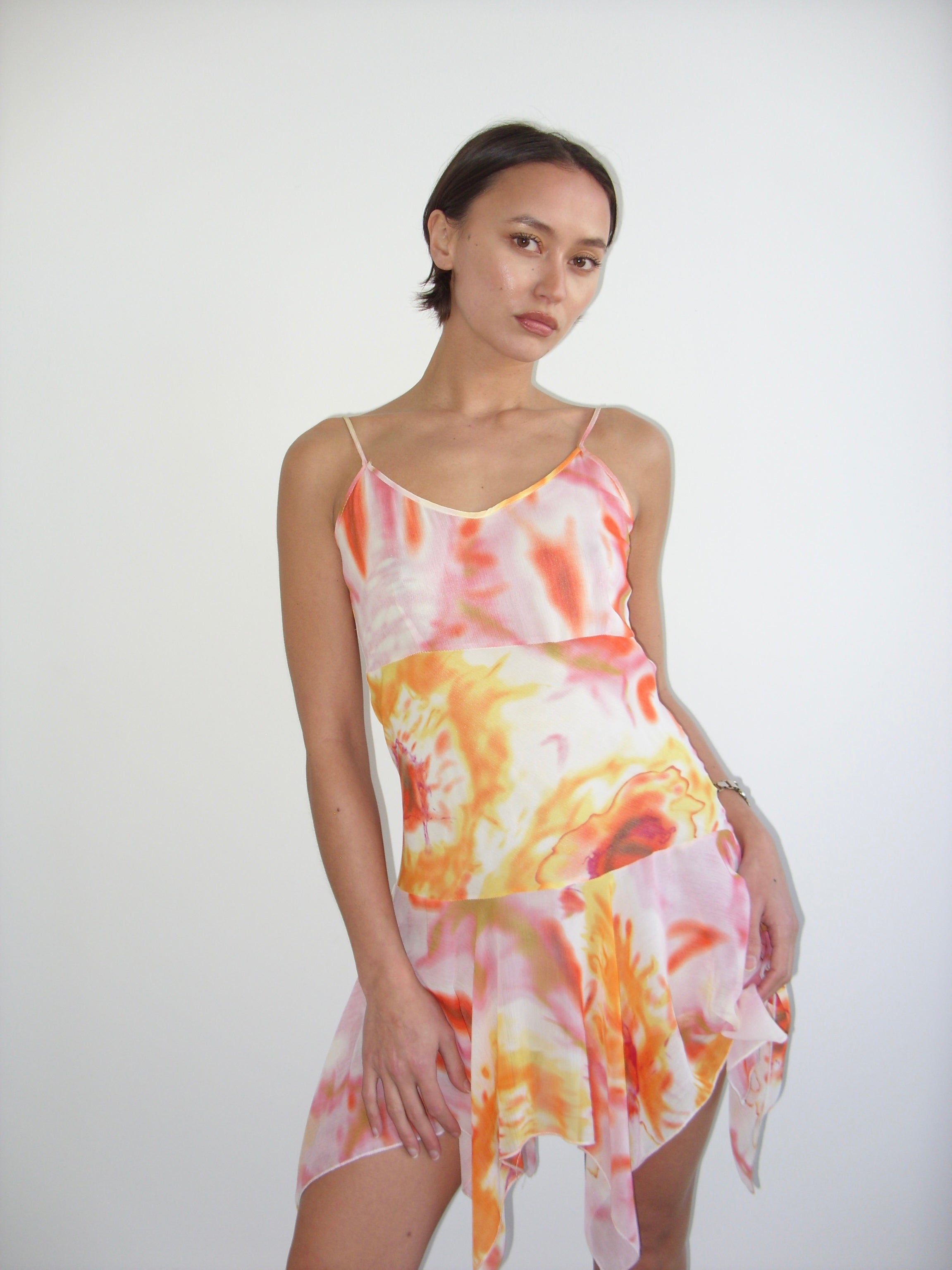 Pink and orange abstract floral floaty dress