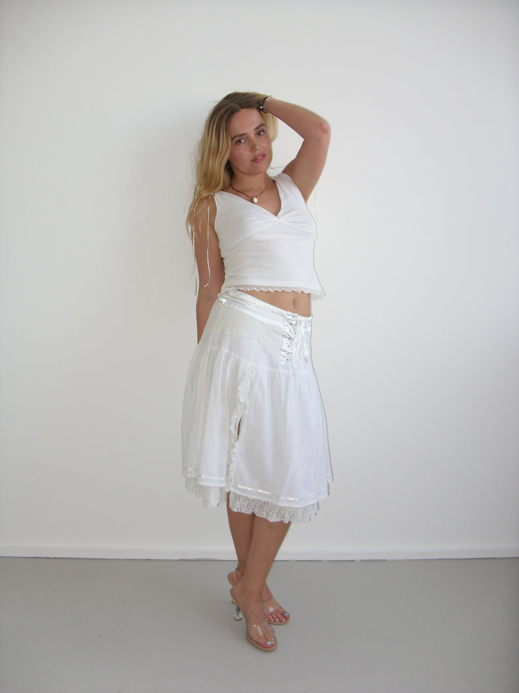 White floaty midi skirt with lace detail