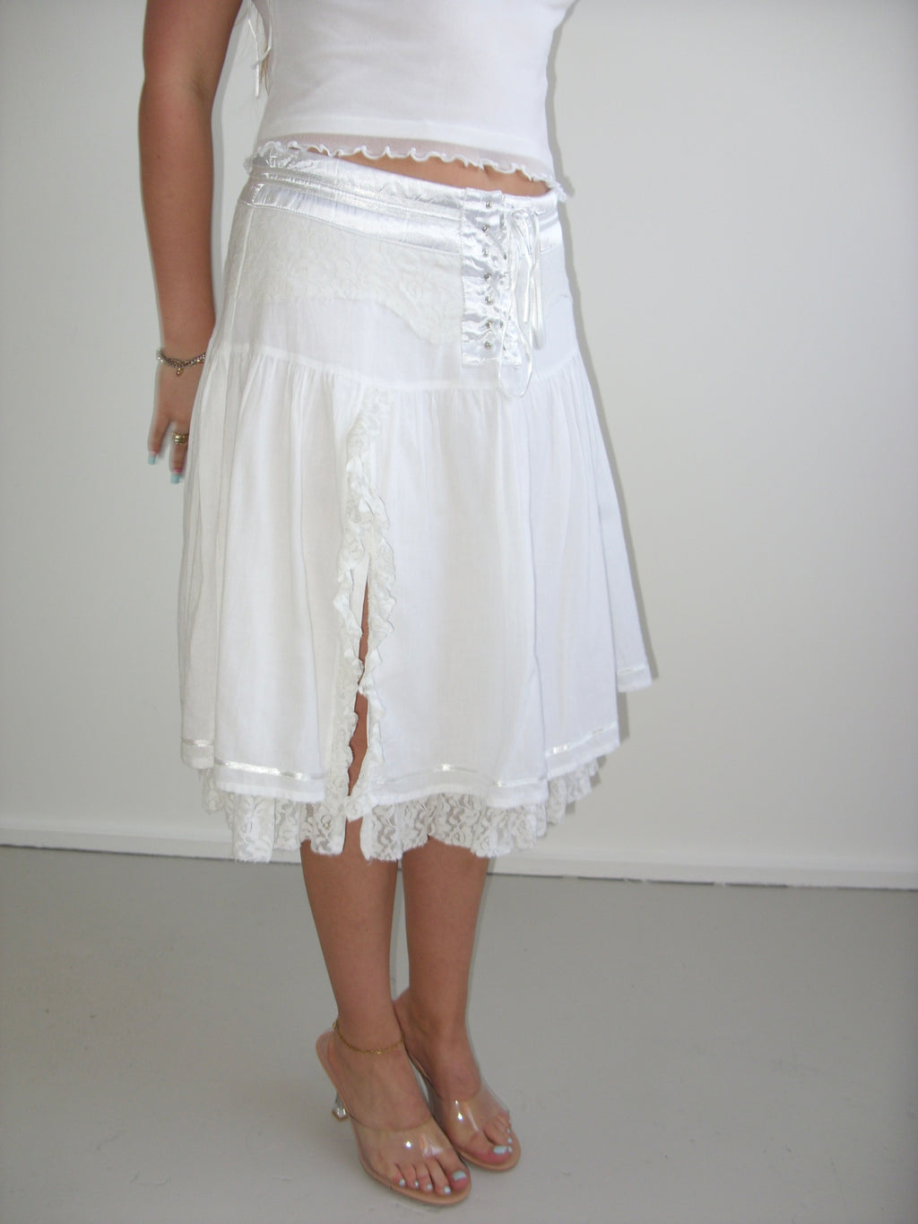 White floaty midi skirt with lace detail