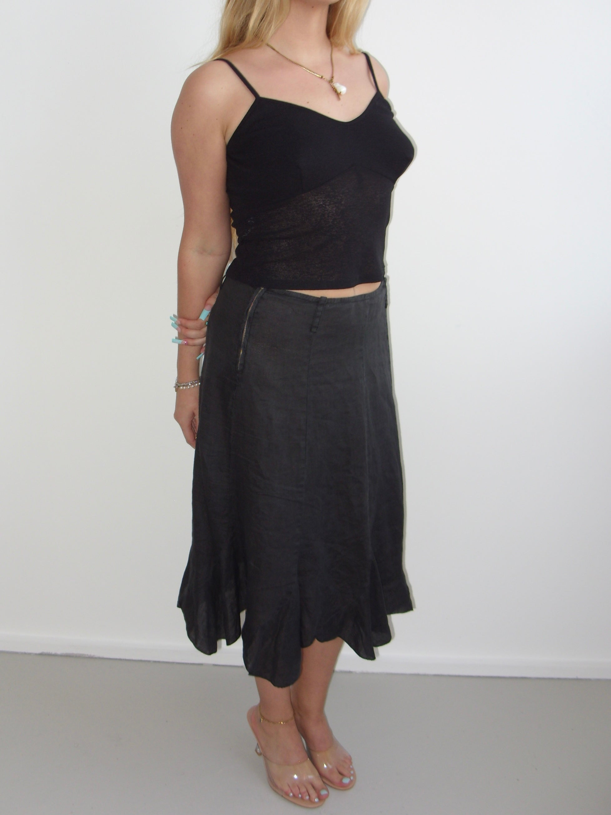 Black linen midi skirt