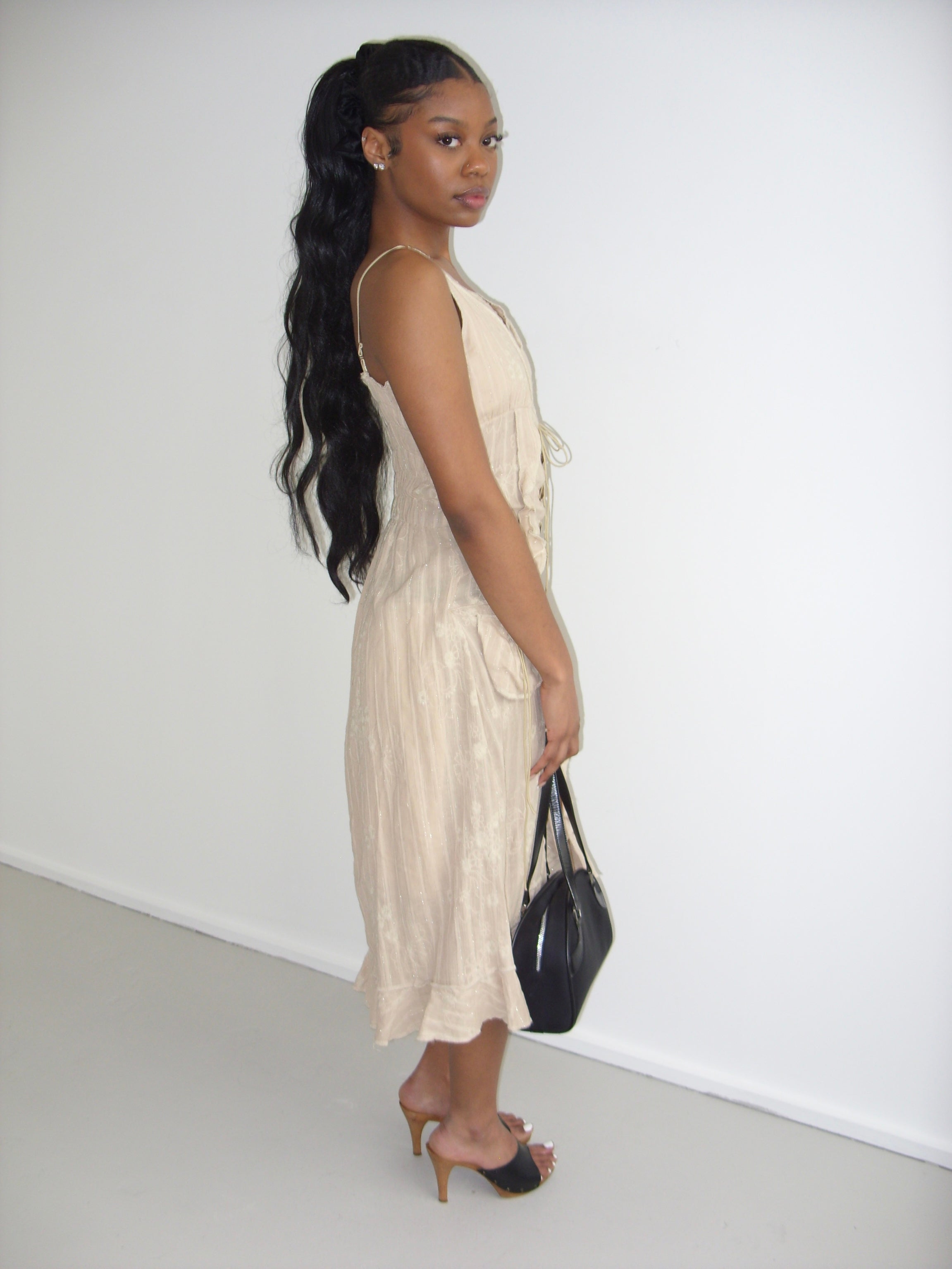 Beige embroidered midi dress with lace up and embroidered detailing