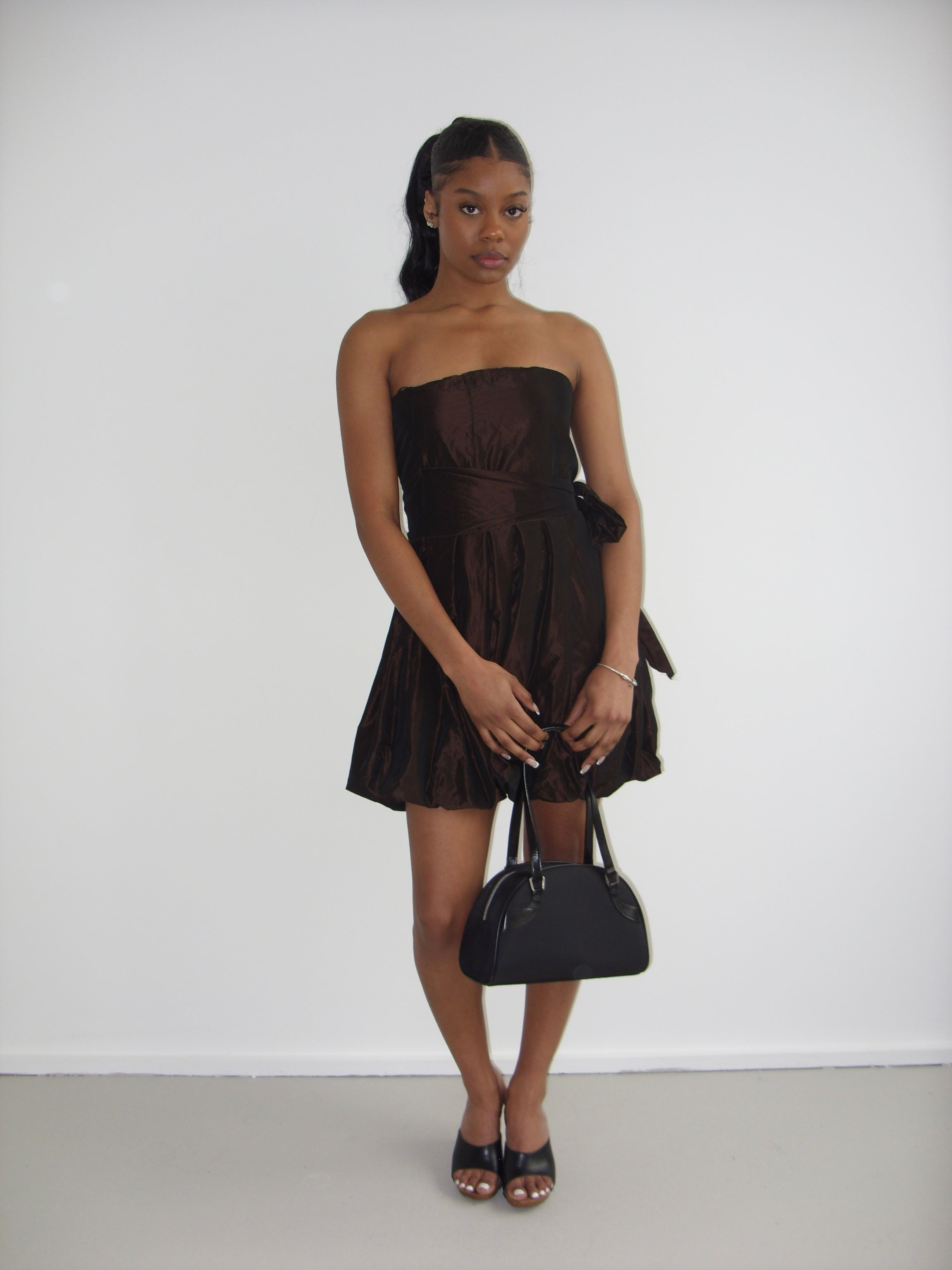 Brown iridescent strapless mini bubble dress