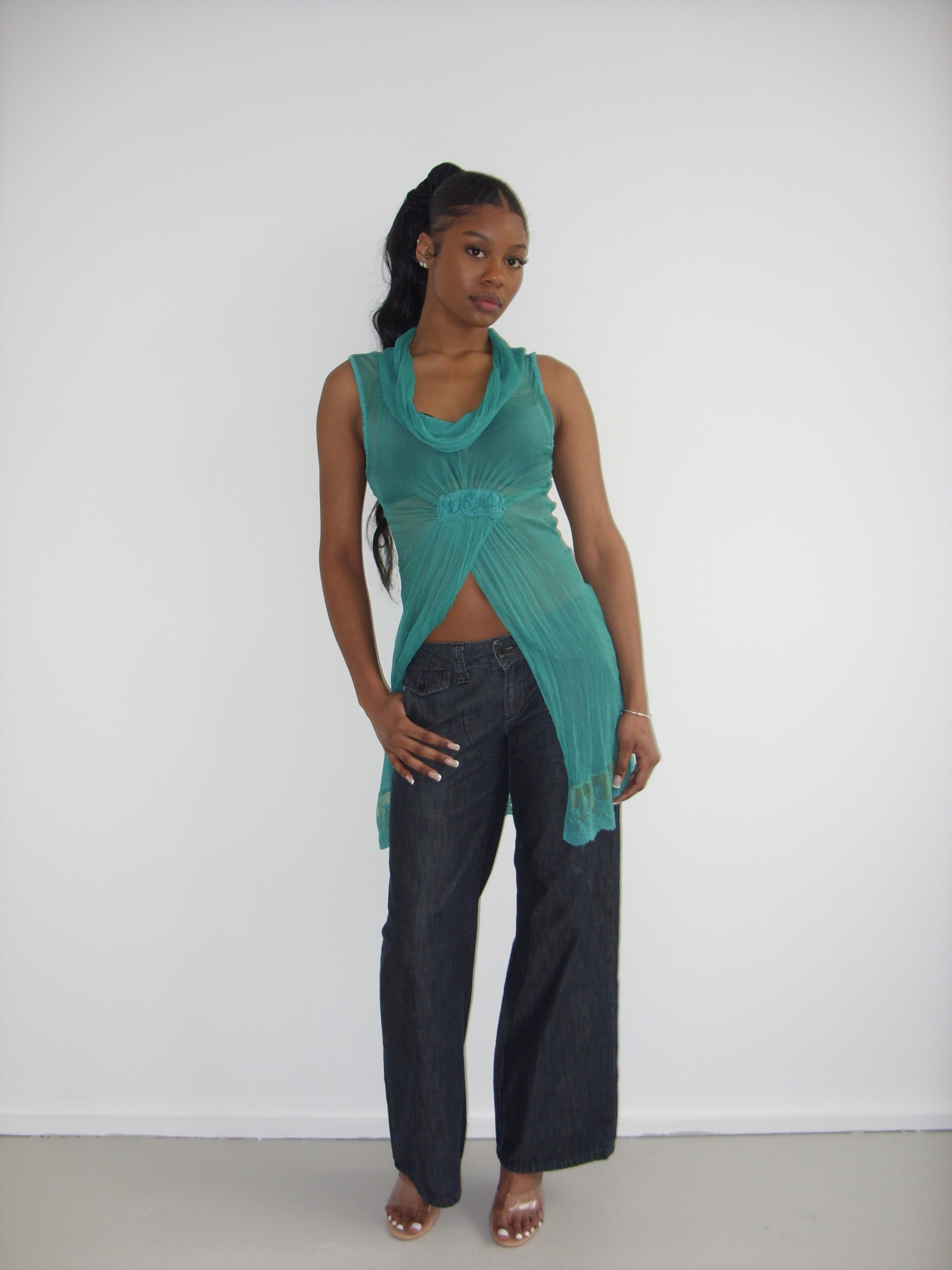 Max Mara Weekend turquoise sheer silk split tunic top