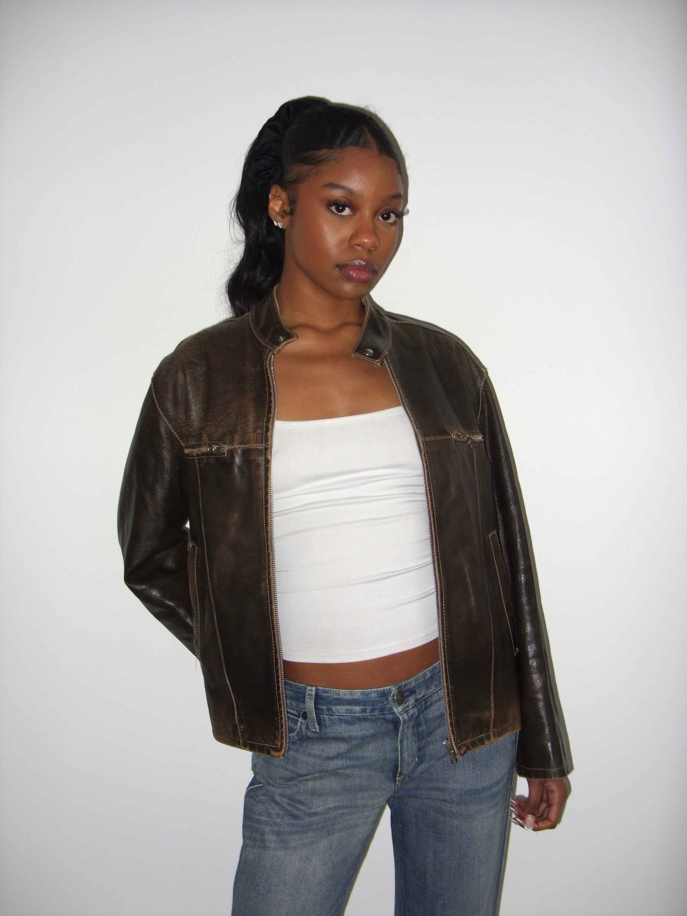 Vintage brown distressed leather jacket