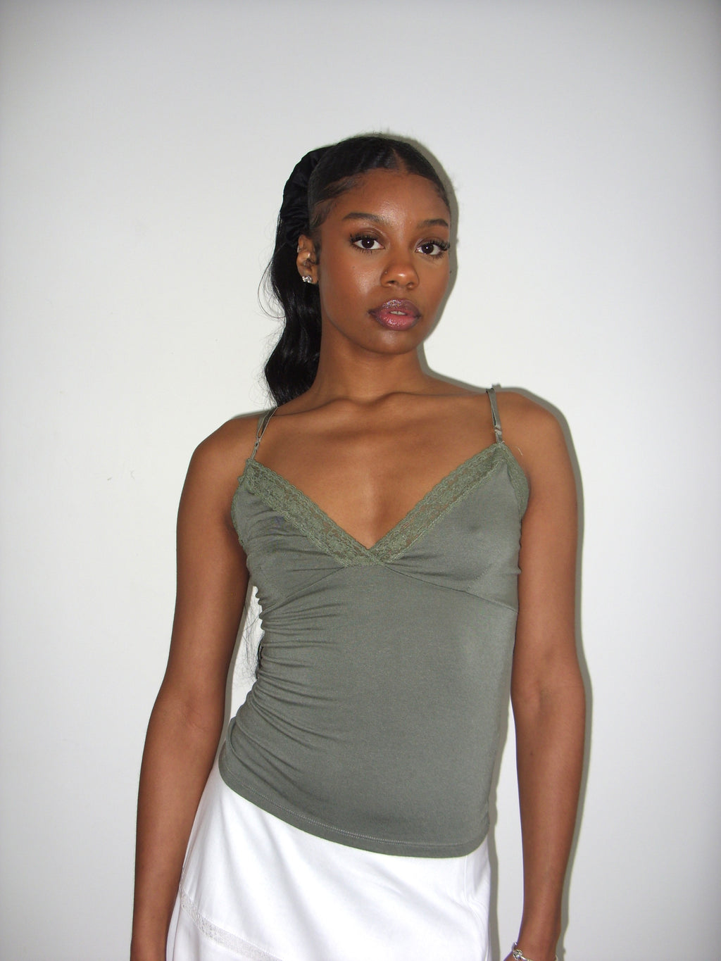 Khaki cami top with lace trims