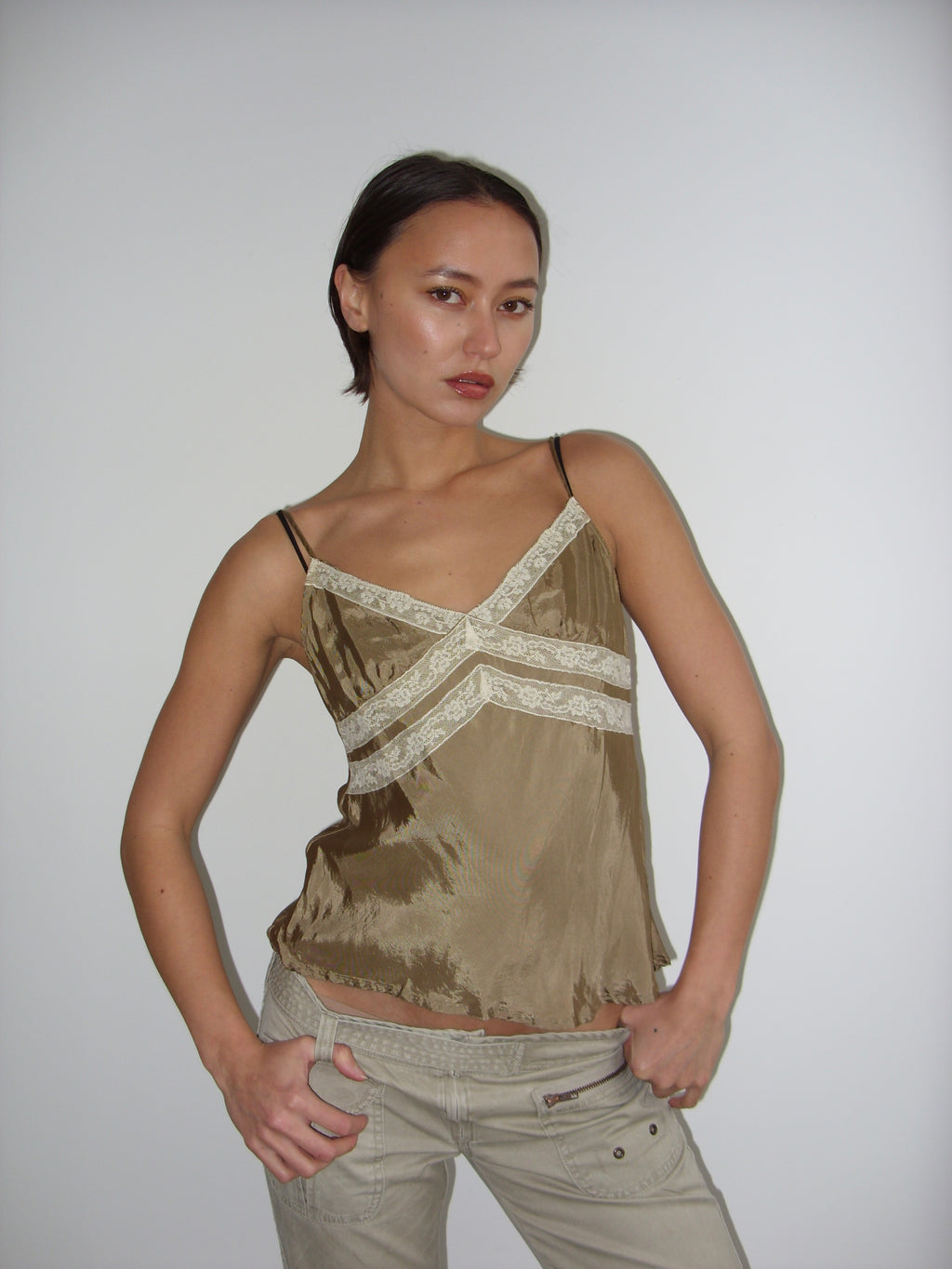 United Colors of Beneton khaki beige cami top with lace trims